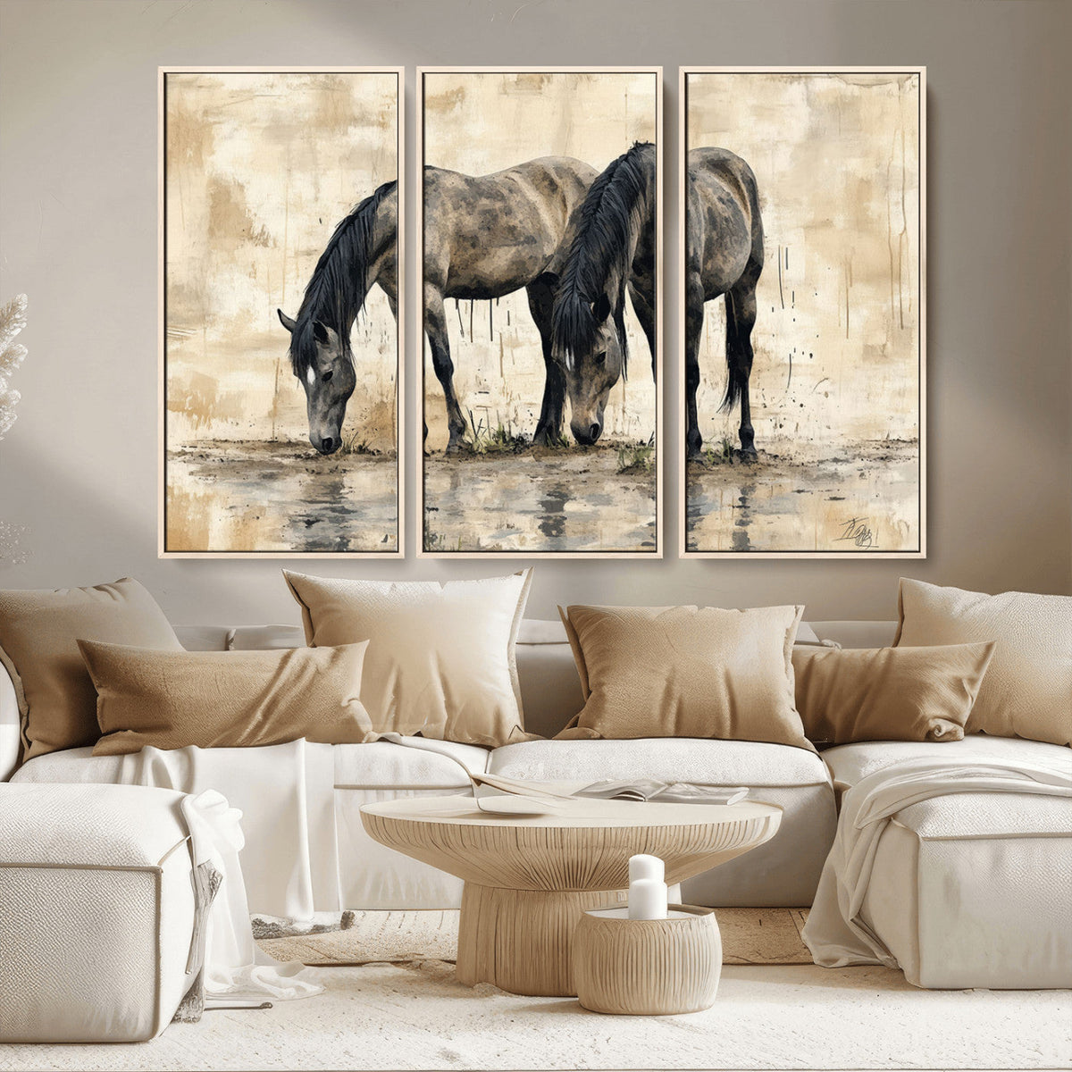 Chinese Style Abstract Black Horses Wall Art Canvas Print -