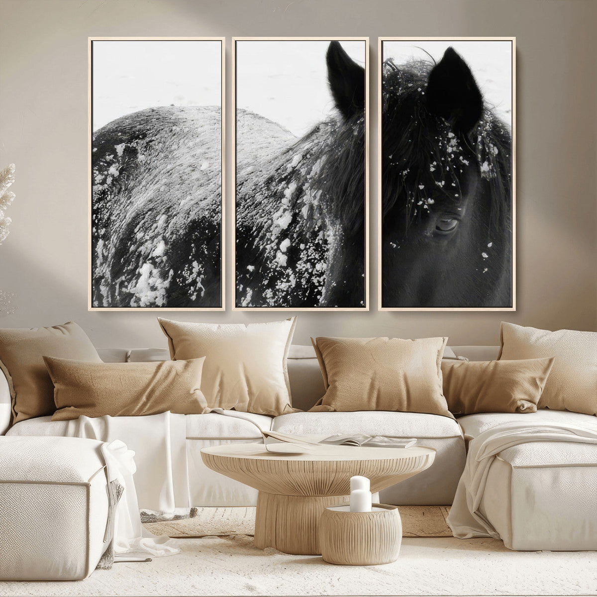 Black Horse in Snow Canvas Print | Winter Horse Wall Art |