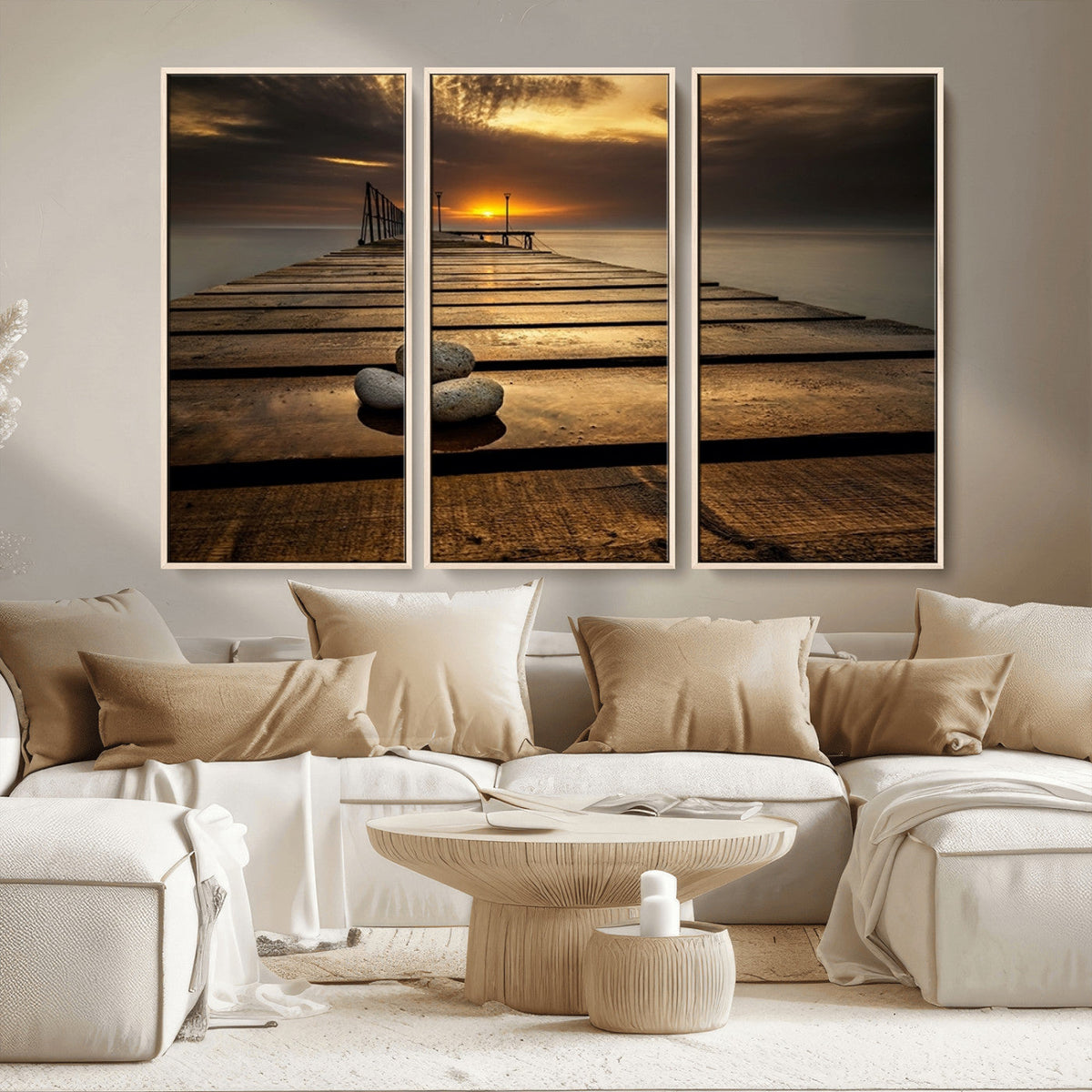 Stones on Wooden Pier at Sunset Canvas Print, Serene Coastal
