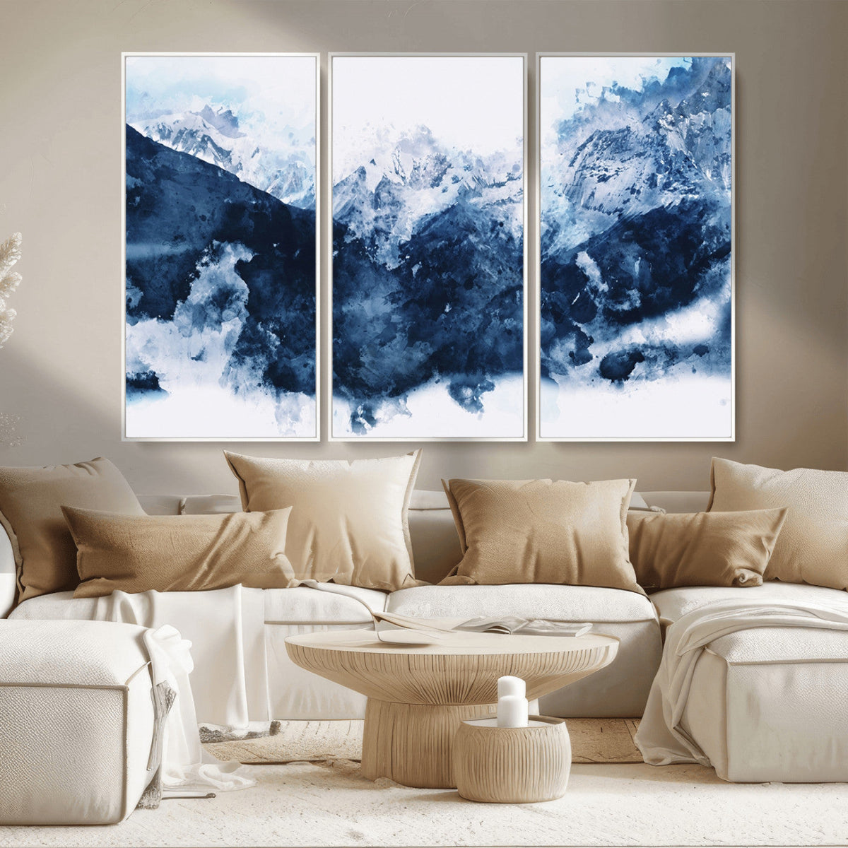 Abstract Blue Mountain Canvas Wall Art – Modern Triptych