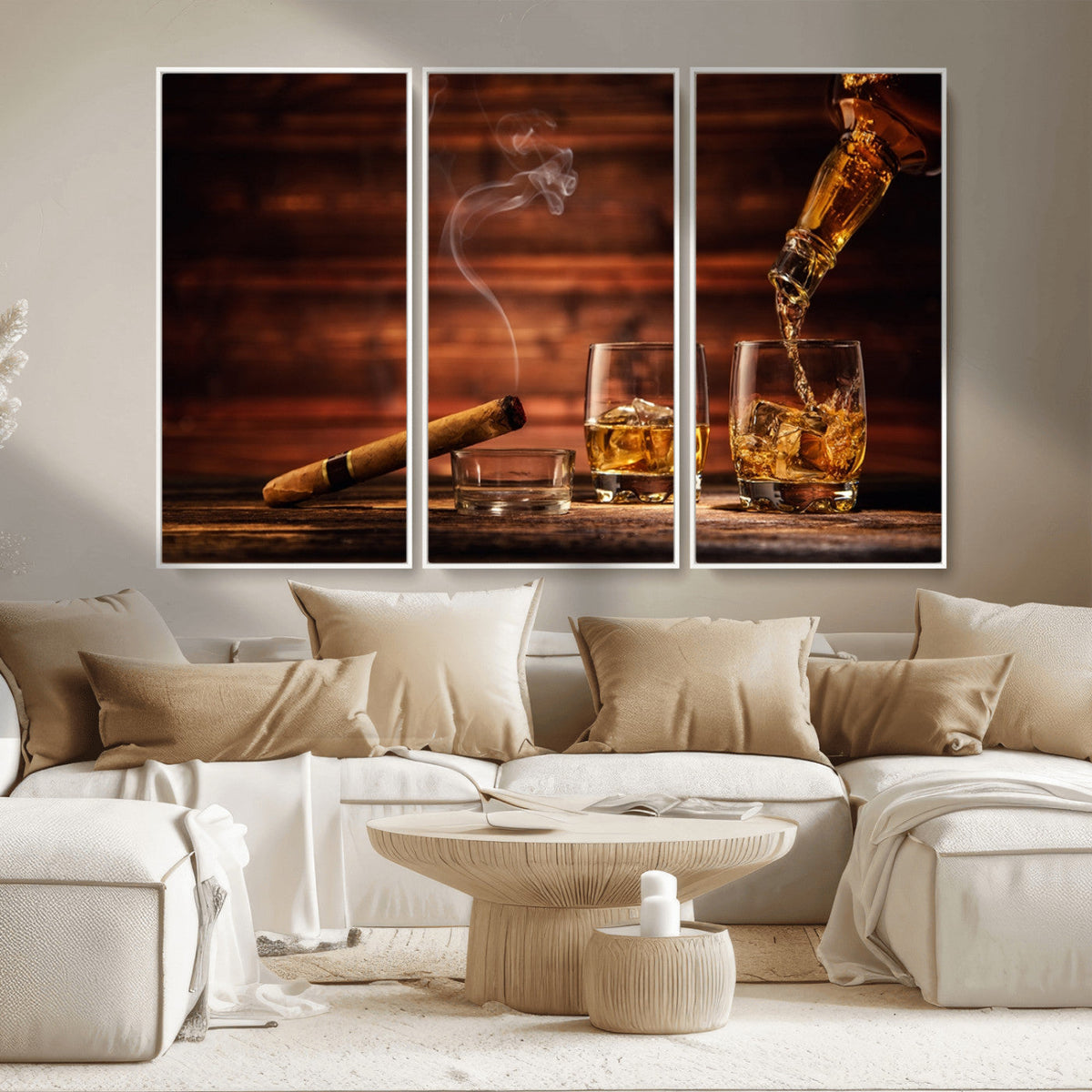 Whiskey and Cigar Wall Art Canvas | 3 Panel Bar Room Decor