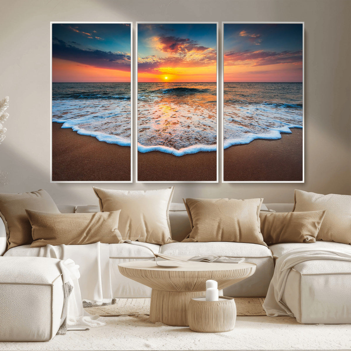 Sunset Beach Canvas Wall Art – Colorful Ocean Waves Triptych
