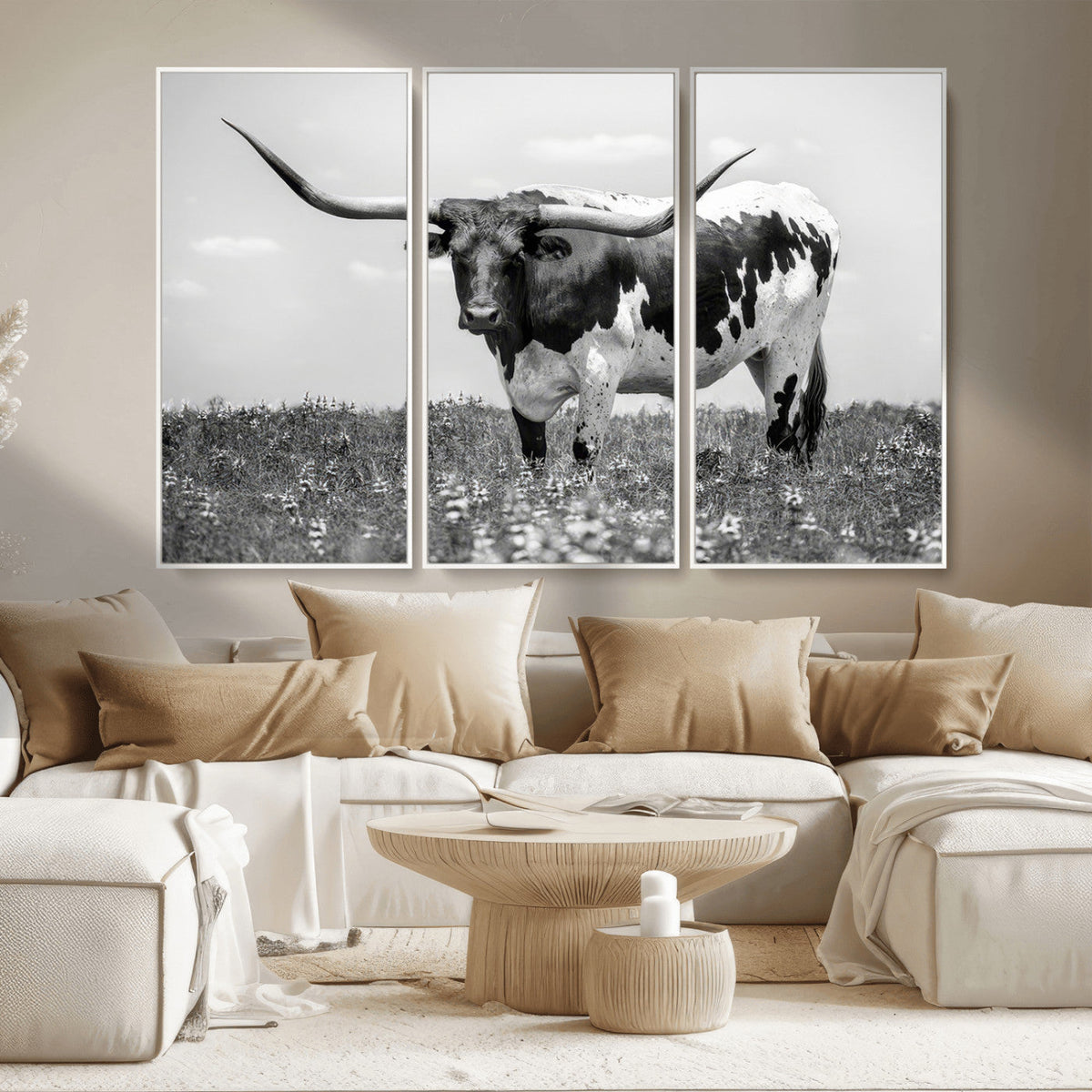 Texas Black White Highland Longhorn Cow Wall Art Canvas