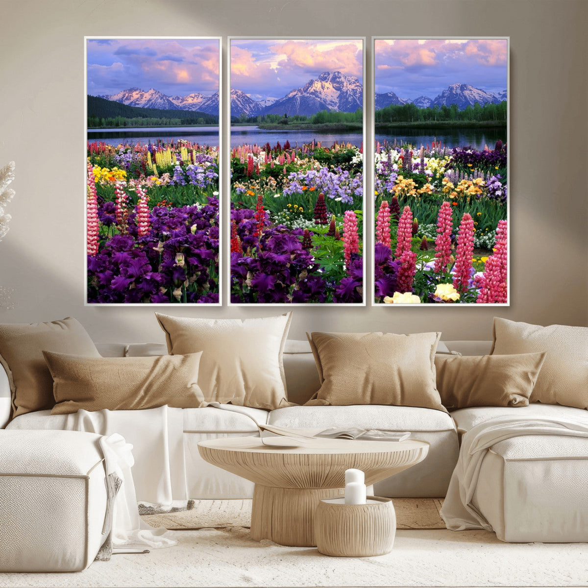 Vibrant Wildflower Garden and Mountain View Giclee Canvas
