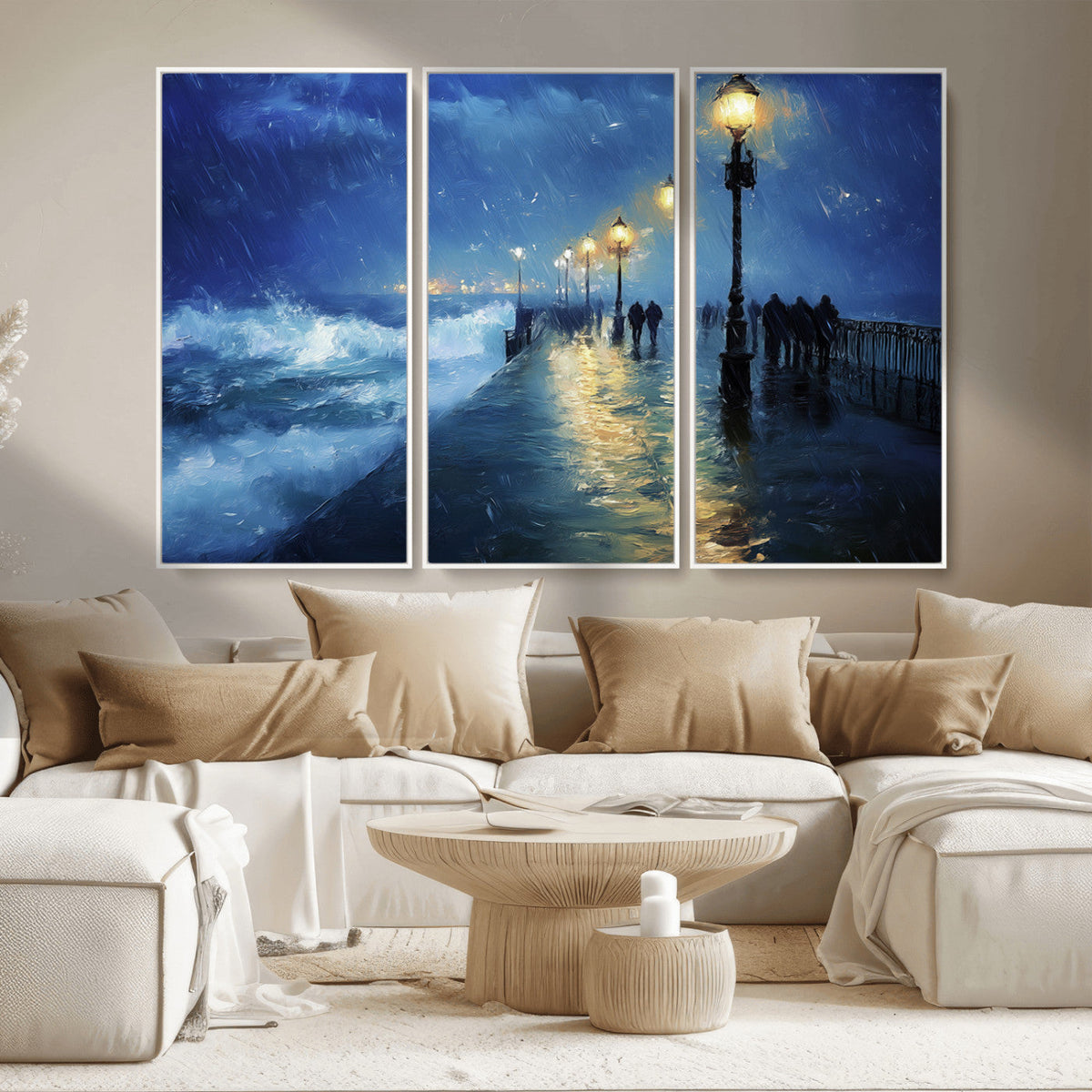 Storm Ocean Pier Canvas Wall Art Print - Large Moody Night