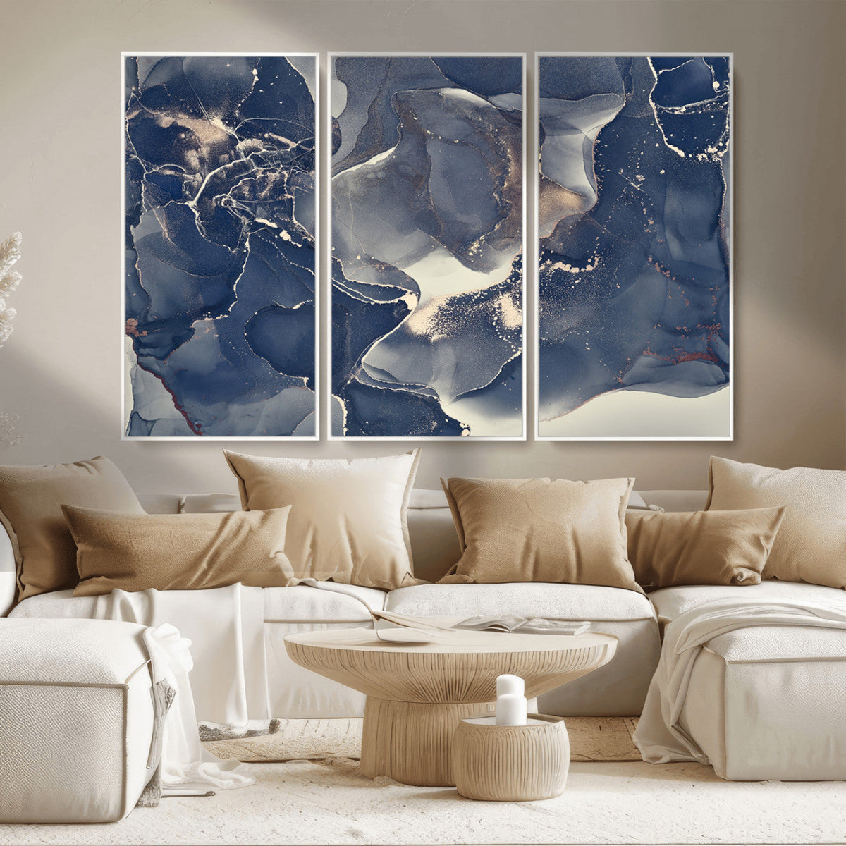 Large Abstract Blue and Gold Canvas Wall Art Fluid Ink