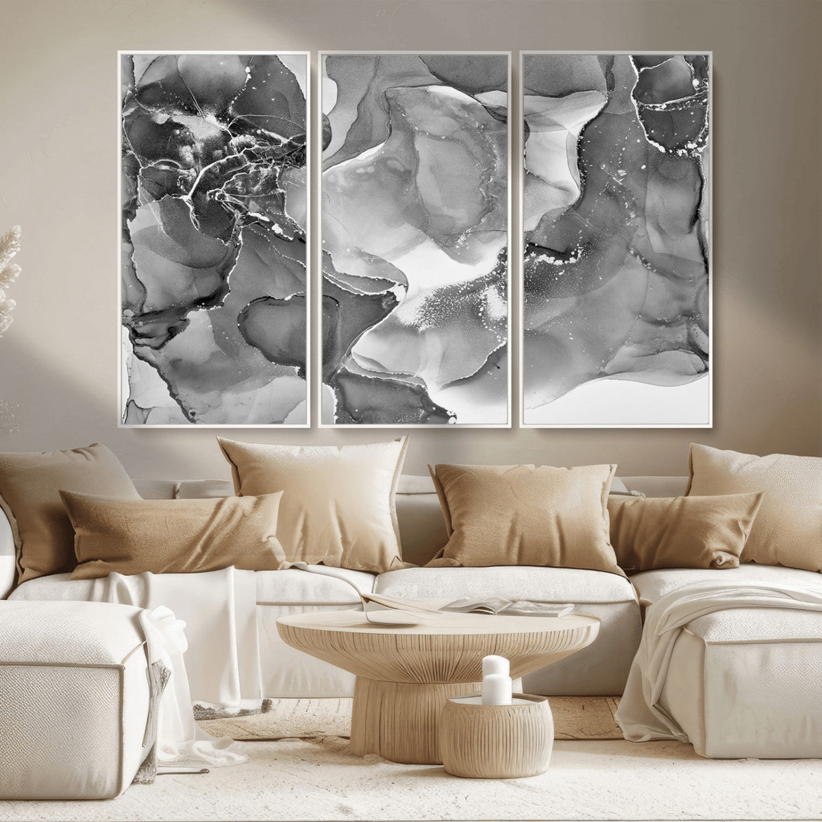 Black White Abstract Canvas Wall Art - Fluid Ink Artwork -