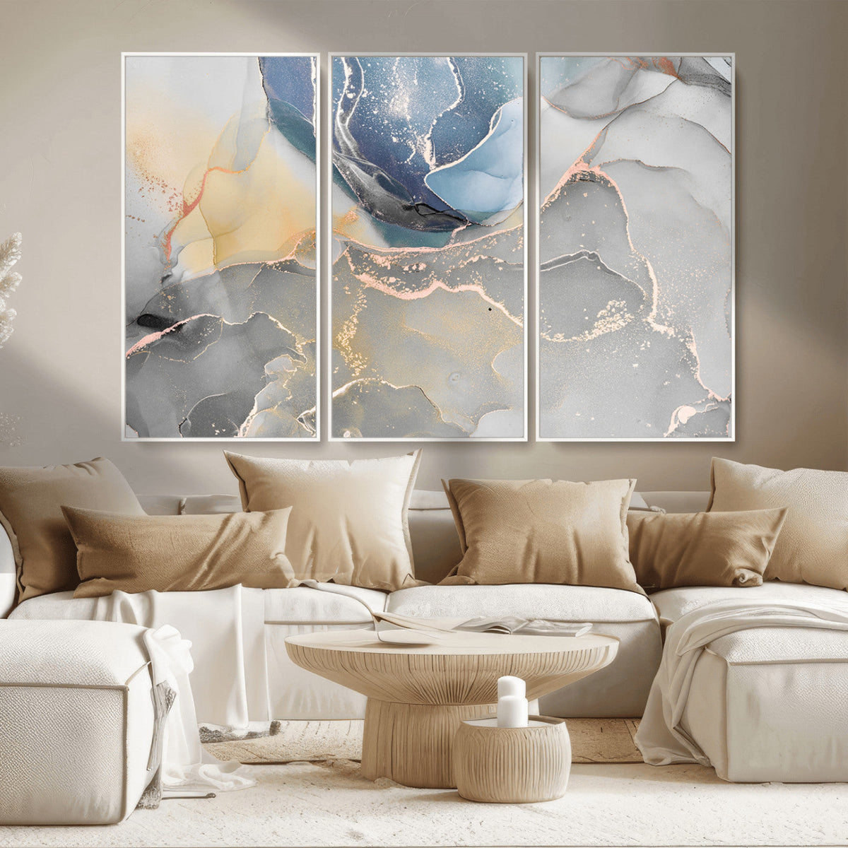 Large Abstract Blue and Gold Canvas Wall Art | Fluid Ink