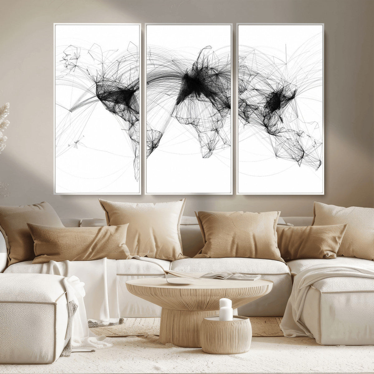 Abstract World Map Wall Art – Framed Geometric Line Canvas