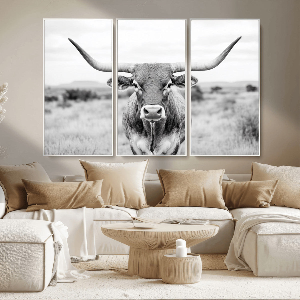 Highland Cow Wall Art Canvas Print – Black and White Western