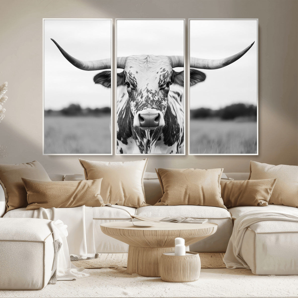 Highland Cow Wall Art Canvas Print – Black and White Western