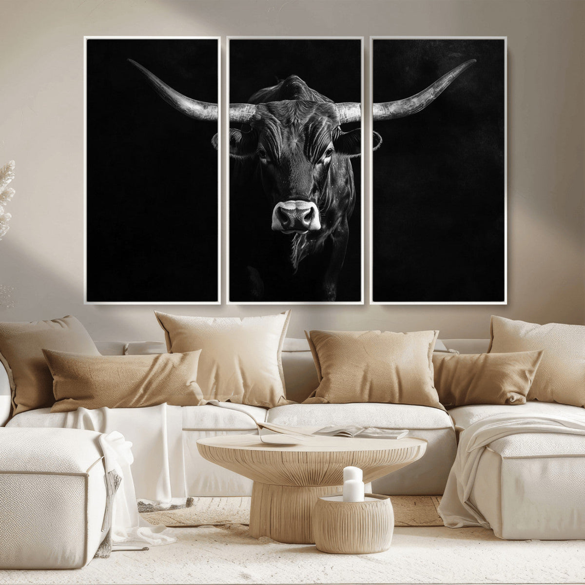Texas Longhorn Wall Art Canvas Print – Framed Monochrome