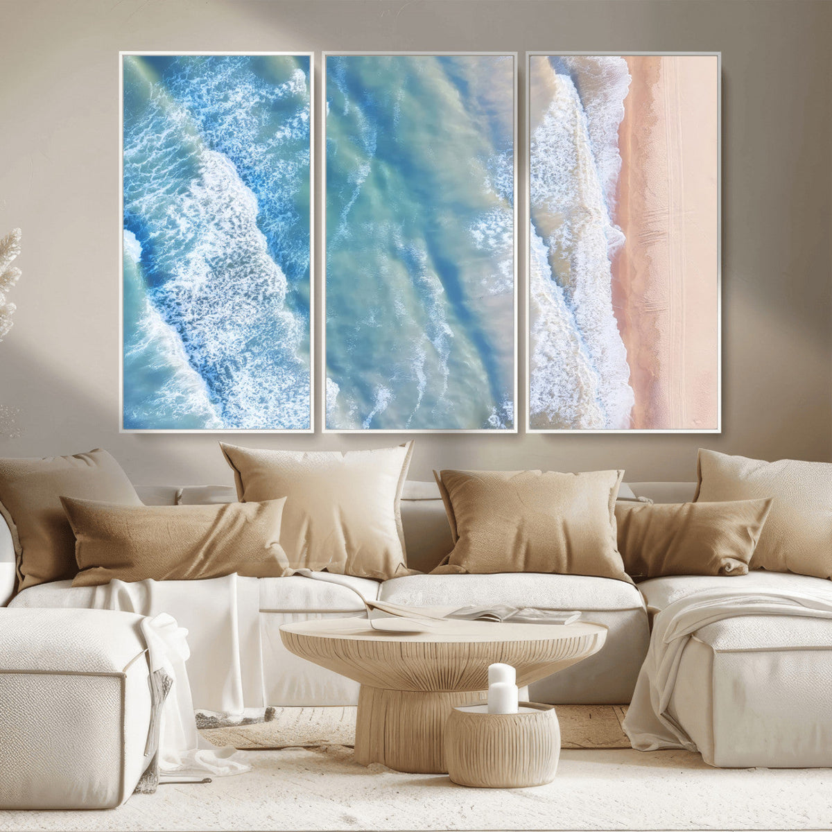 Aerial Ocean View Wall Art Canvas Print – Framed Soft Blue