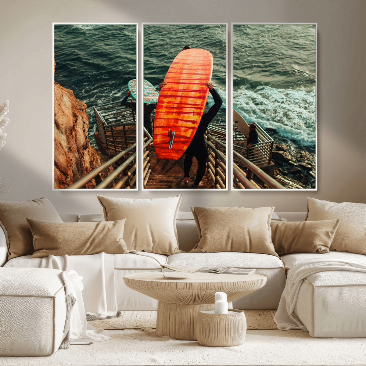 Surfer Stairway Wall Art – Framed Ocean Surf Canvas Artwork,