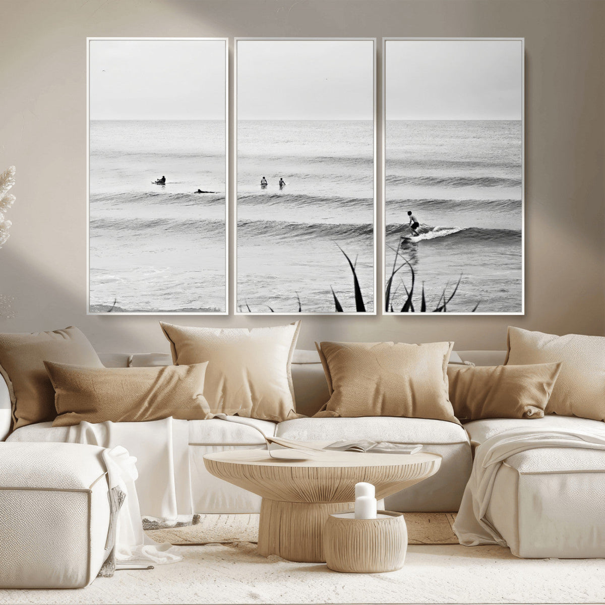 Surfer Silhouette Wall Art – Framed Calm Ocean Canvas
