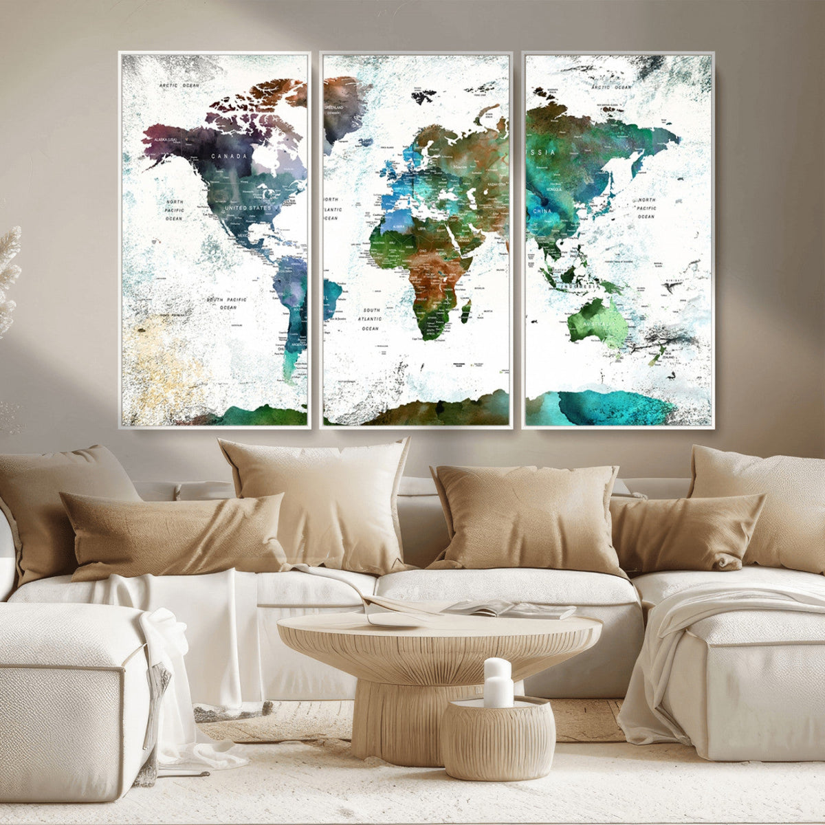 Modern Watercolor World Map Canvas Wall Art – Framed