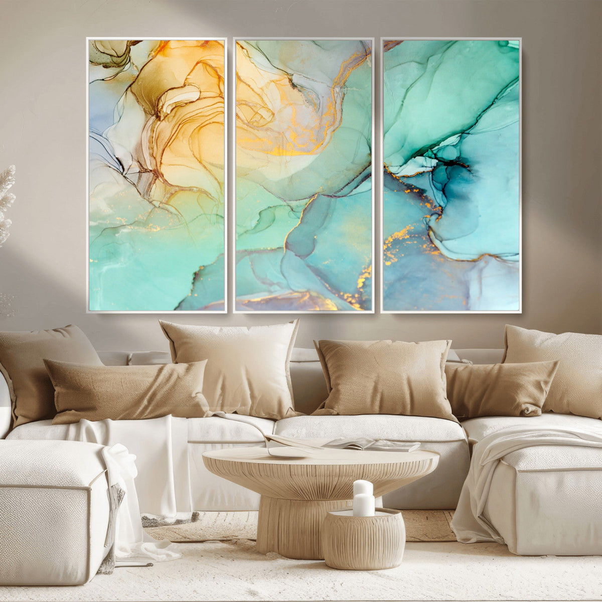 Abstract Aqua and Gold Fluid Wall Art Canvas | 3 Panel Large