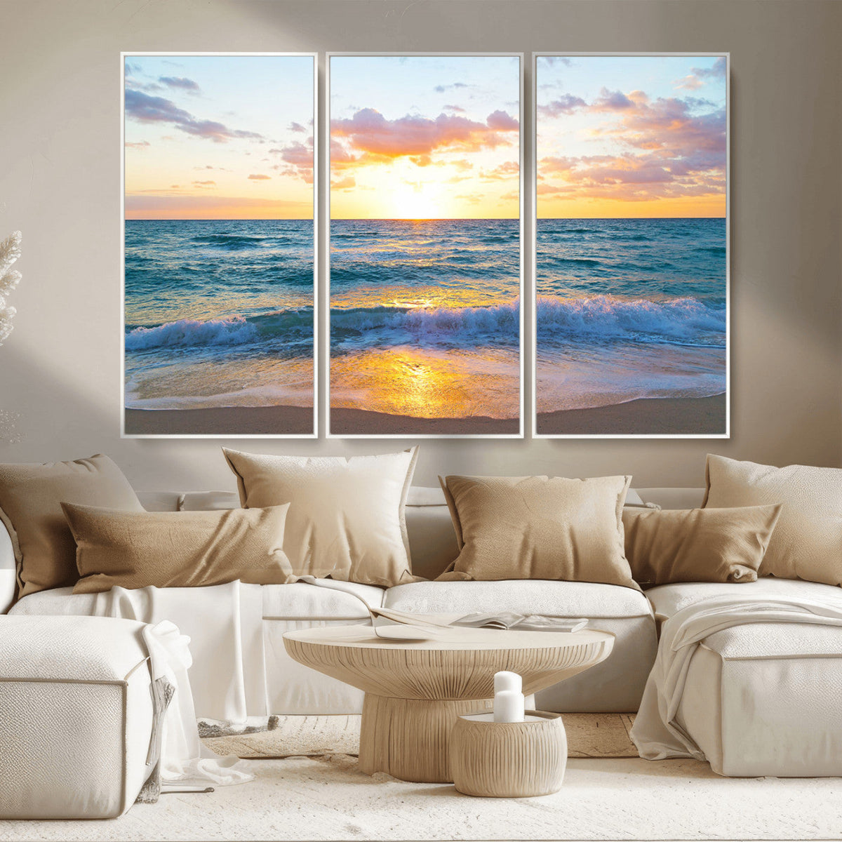 Golden Sunset Over Ocean Waves - Serene Coastal Triptych