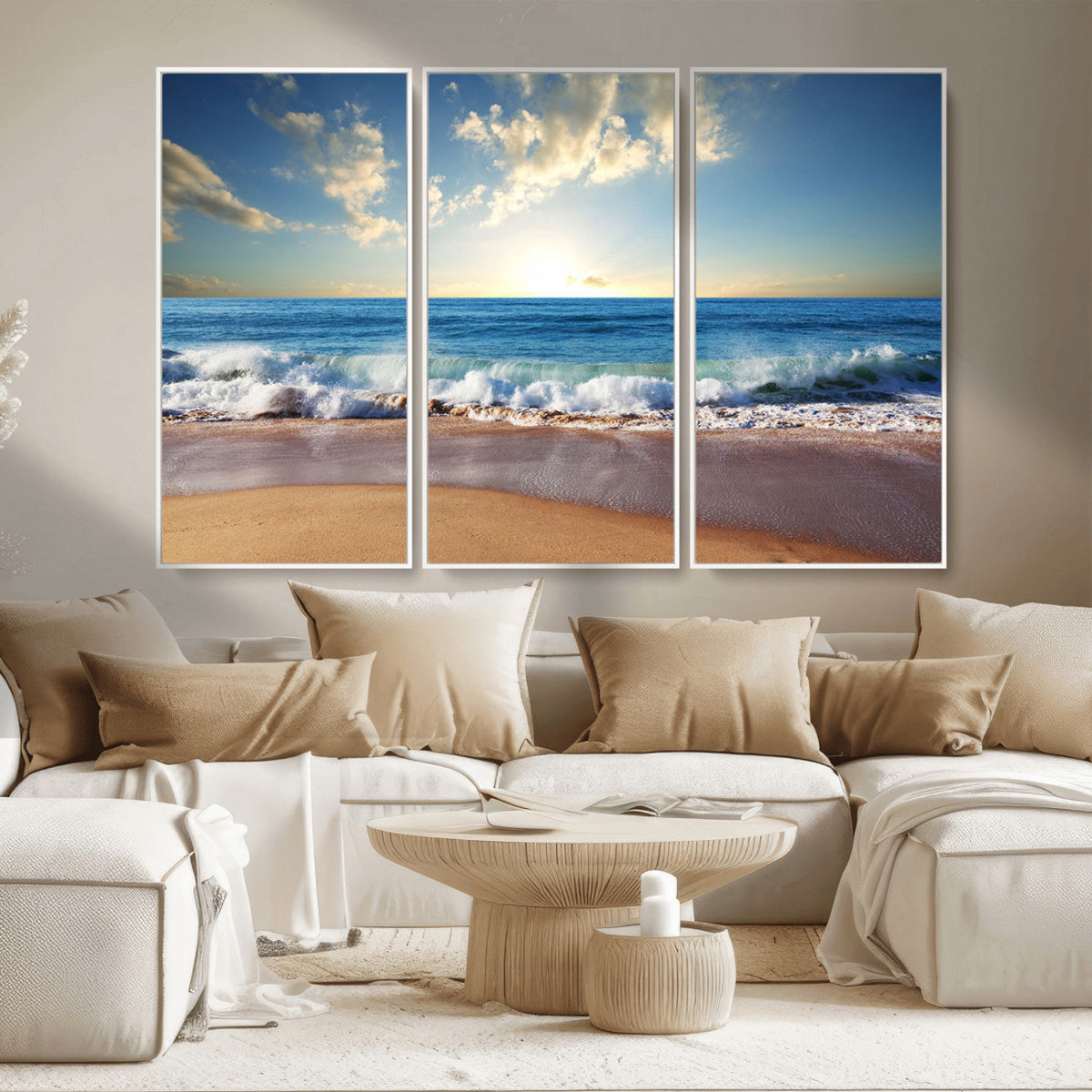Serene Ocean Sunset Canvas Wall Art - Beach Waves at Sunset,