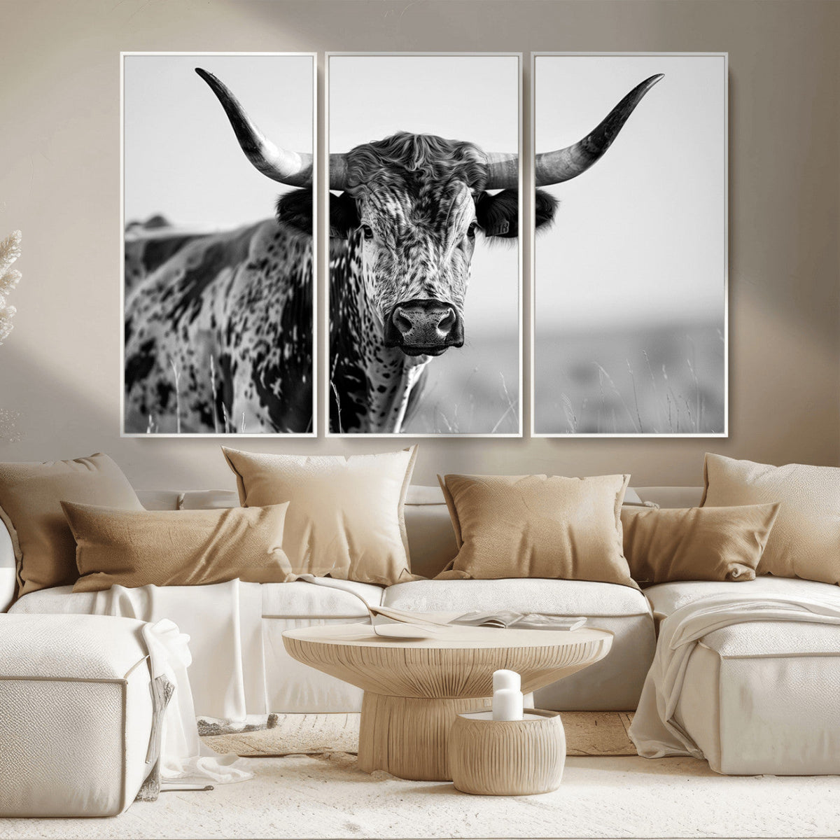 Texas Highland Cow Longhorn Canvas Print - Rustic Farmhouse