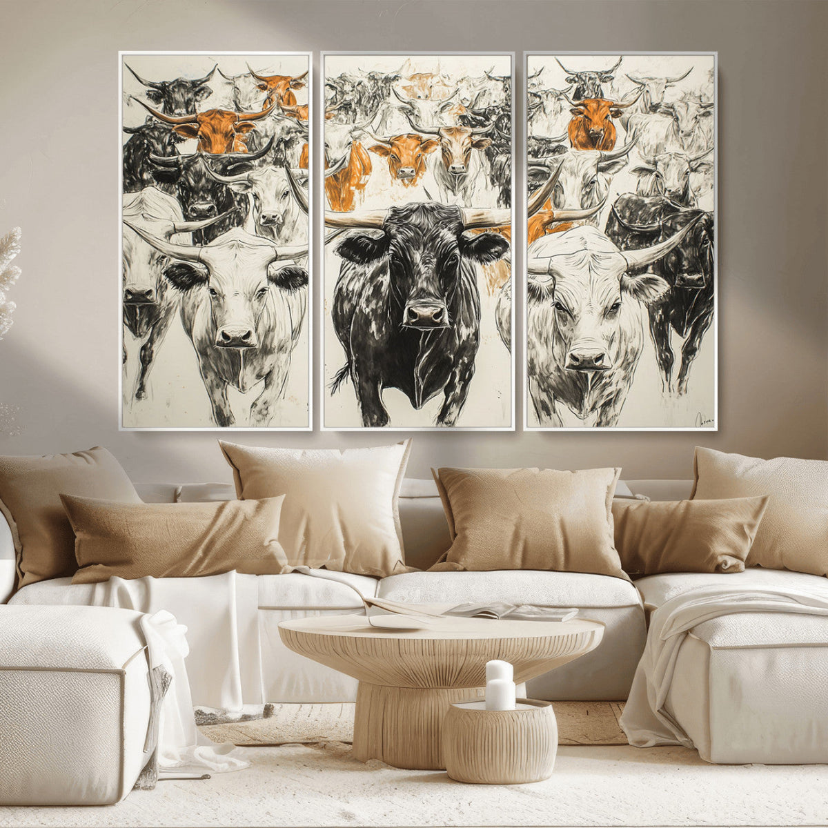 Farmhouse Wall Art | Western Longhorn Cattle Canvas Print |