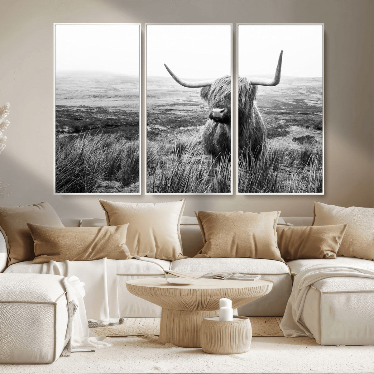 Scottish Highland Cow Wall Art | Black and White Canvas