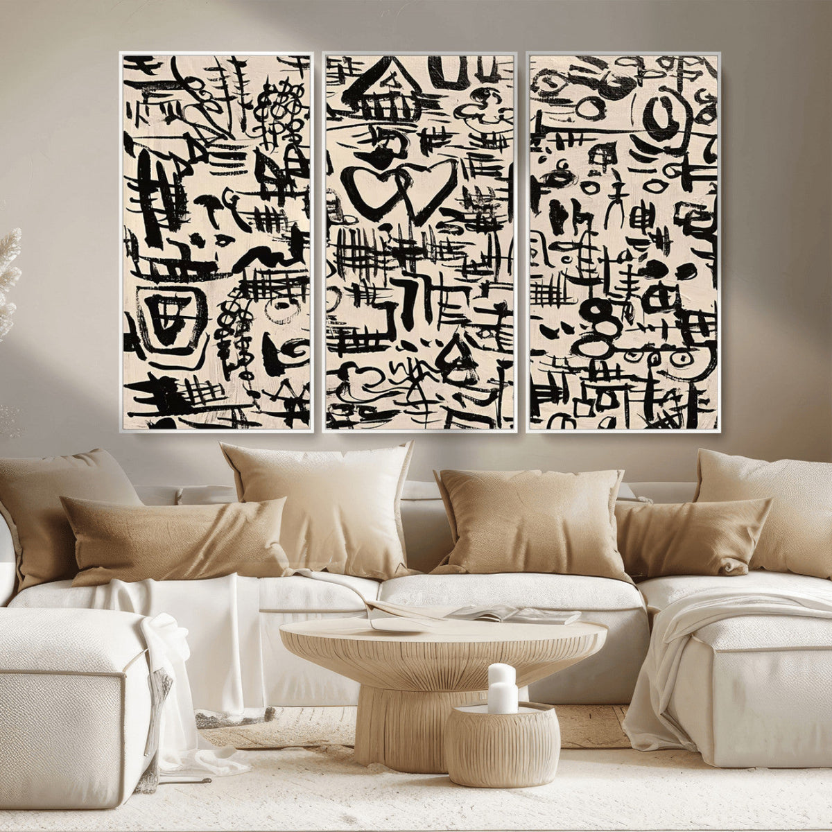 Abstract Love and Chaos Canvas Print, Black Symbols on Beige