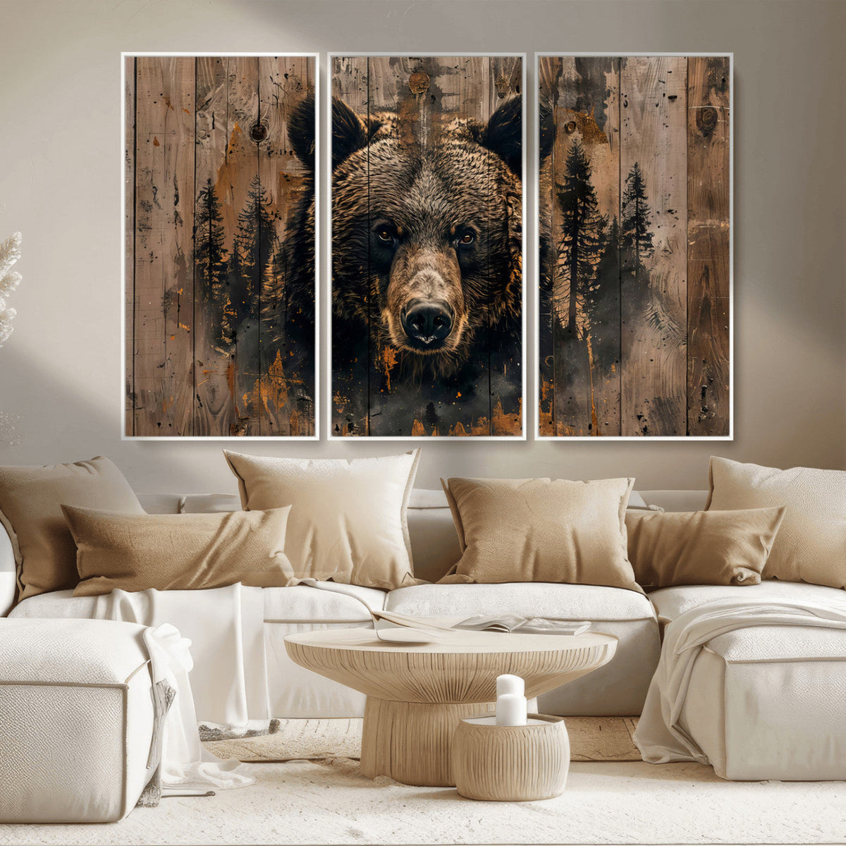 Rustic Grizzly 399 Wall Art | Triptych Canvas Print | Rustic