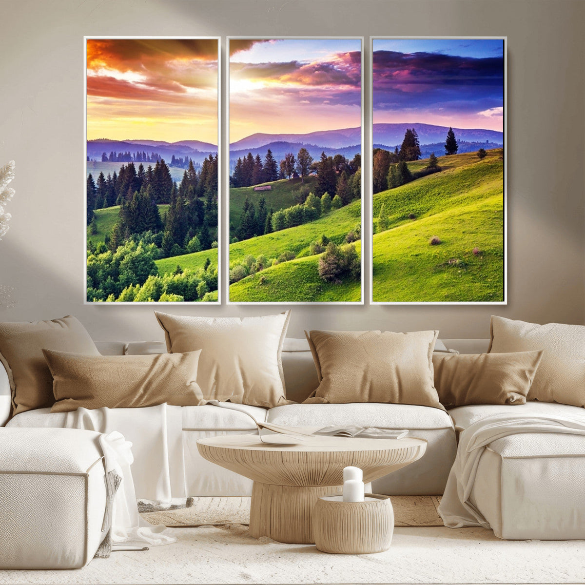 Green Hills and Sunset Wall Art Print - Scenic Landscape