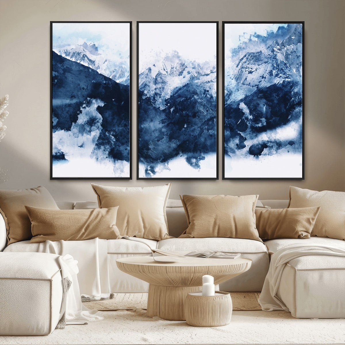 Abstract Blue Mountain Canvas Wall Art – Modern Triptych