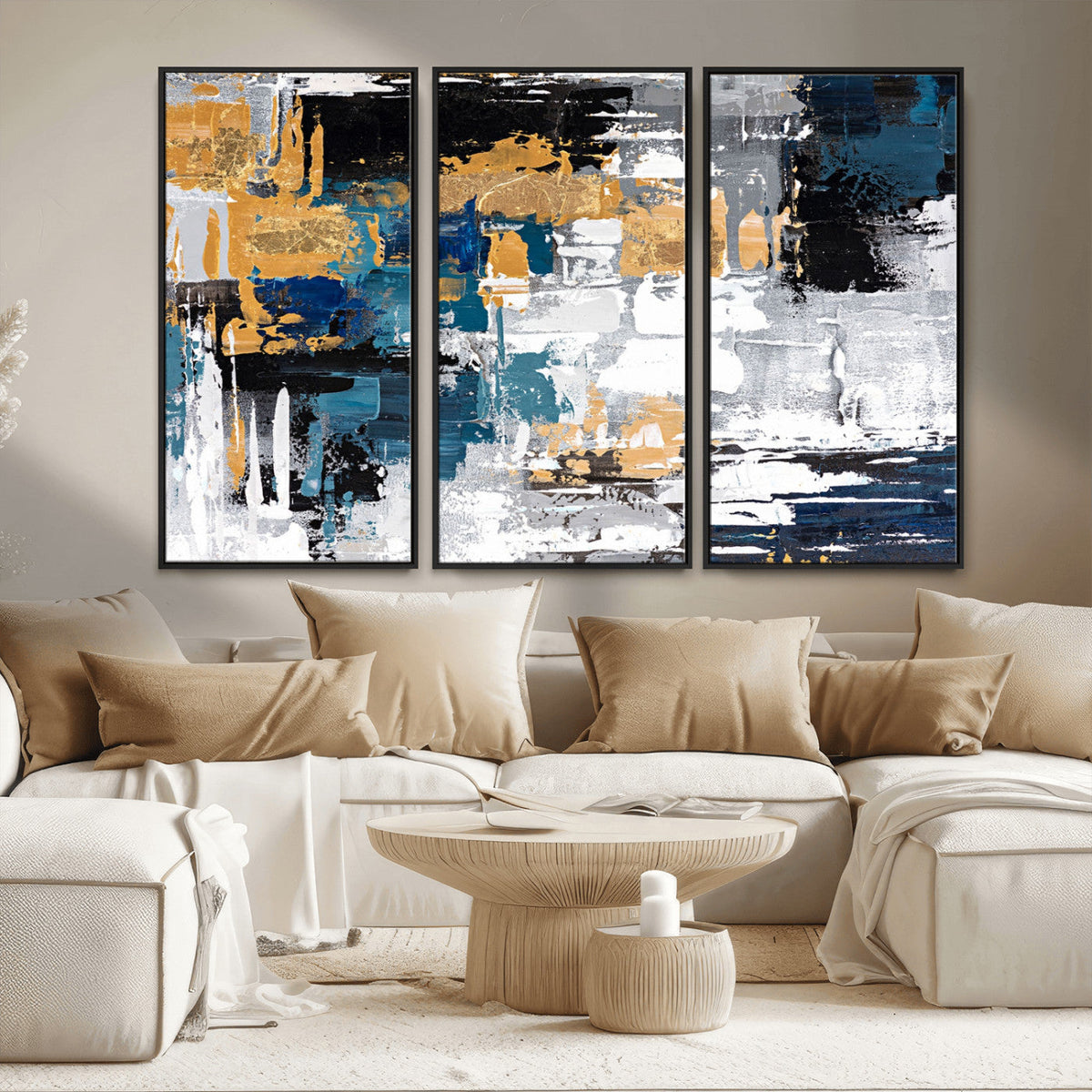 Blue and Gold Abstract Canvas Wall Art – Triptych Modern