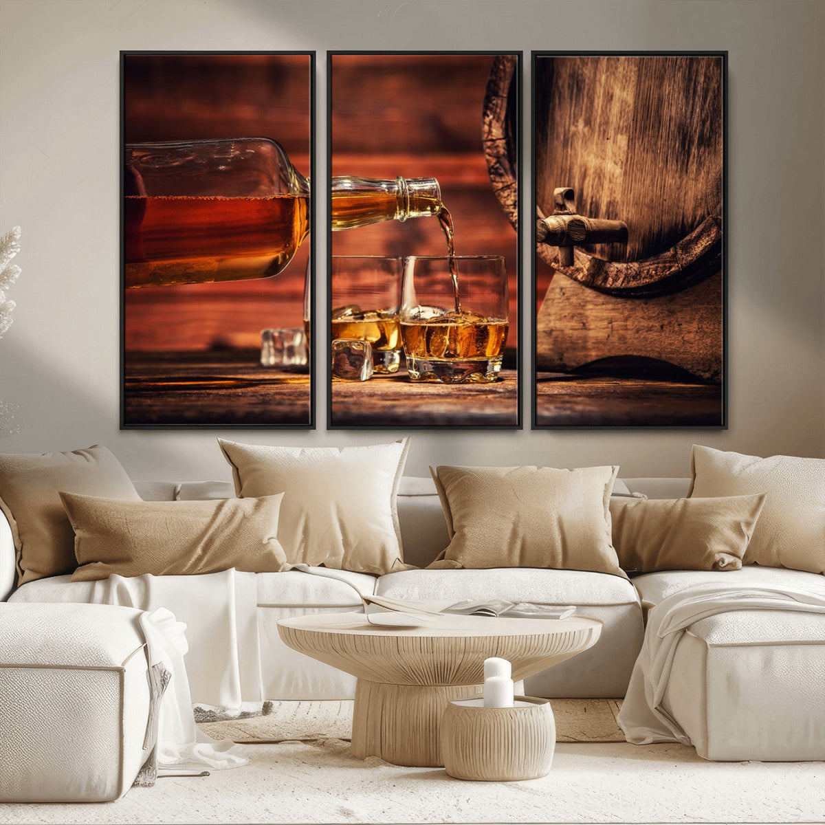 Whiskey and Cigar Canvas Wall Art | 3 Panel Bar Room Decor