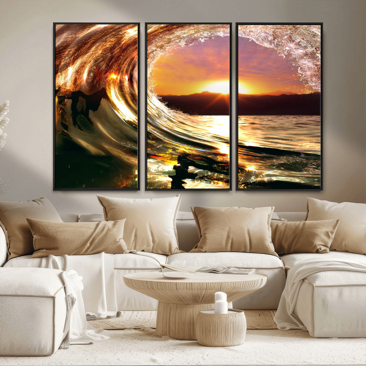 Golden Wave Sunset Triptych Canvas Art, Giclee Canvas Print