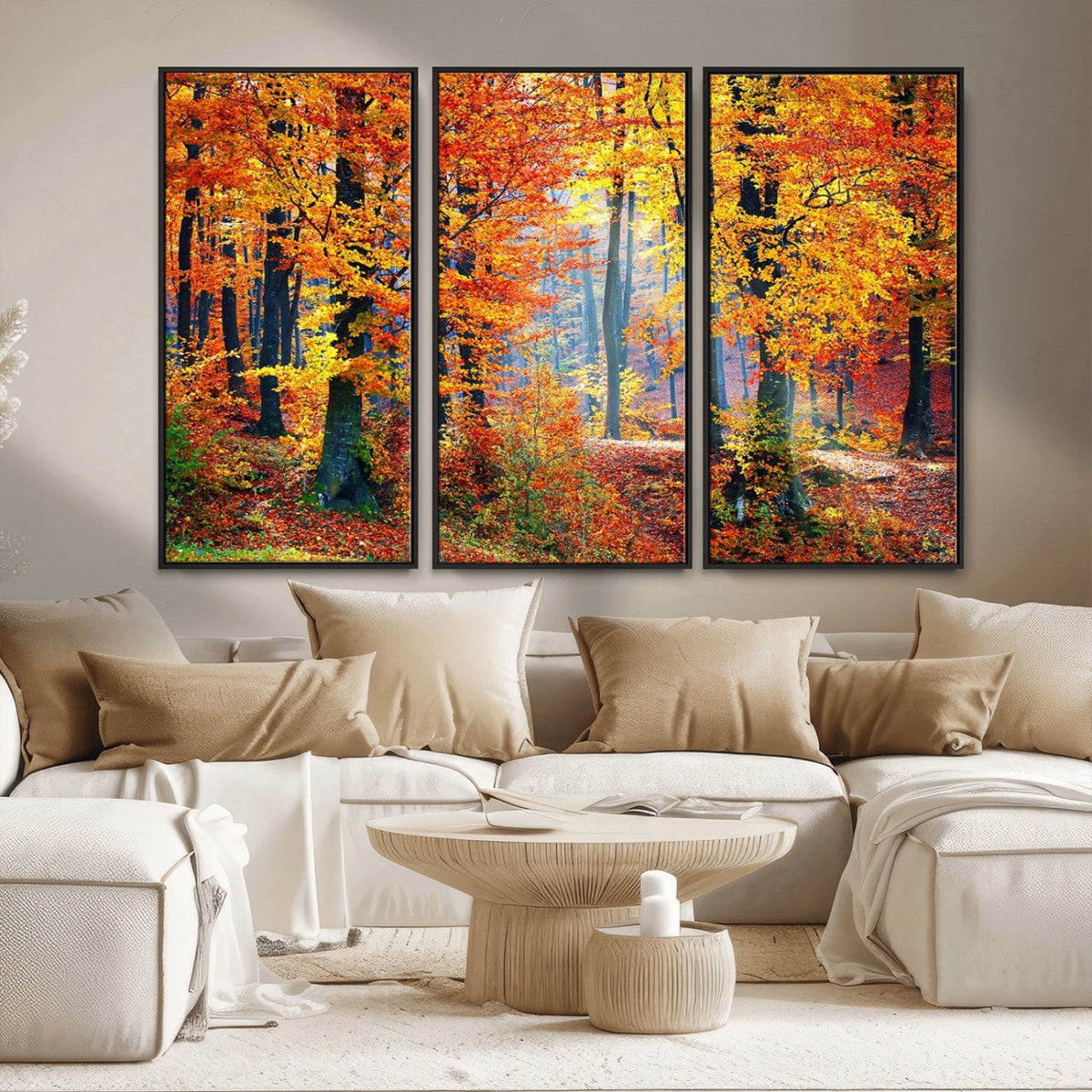Autumn Red Forest Triptych Canvas Wall Art Print, Forest