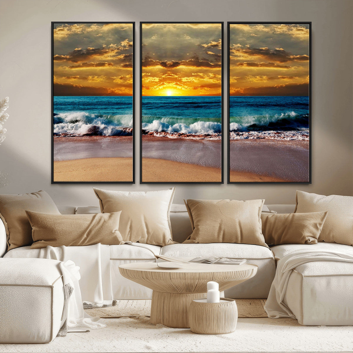 Ocean Sunrise Over Golden Beach Waves, Giclee Canvas Wall