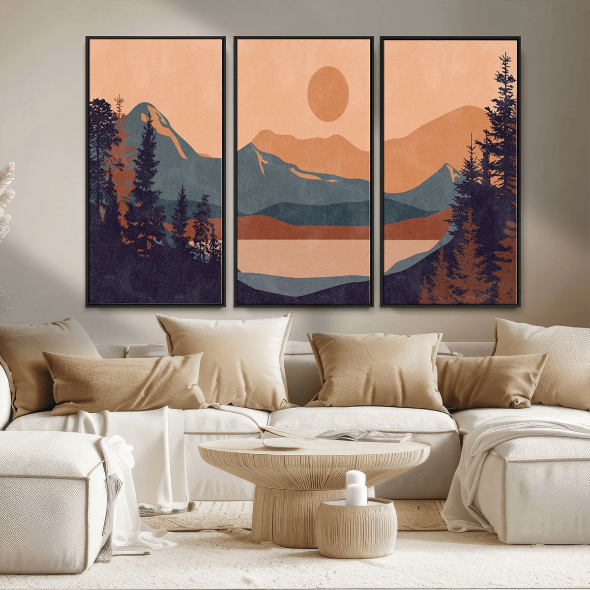 Modern Boho Sunset Canvas Print, Mountain Landscape Triptych