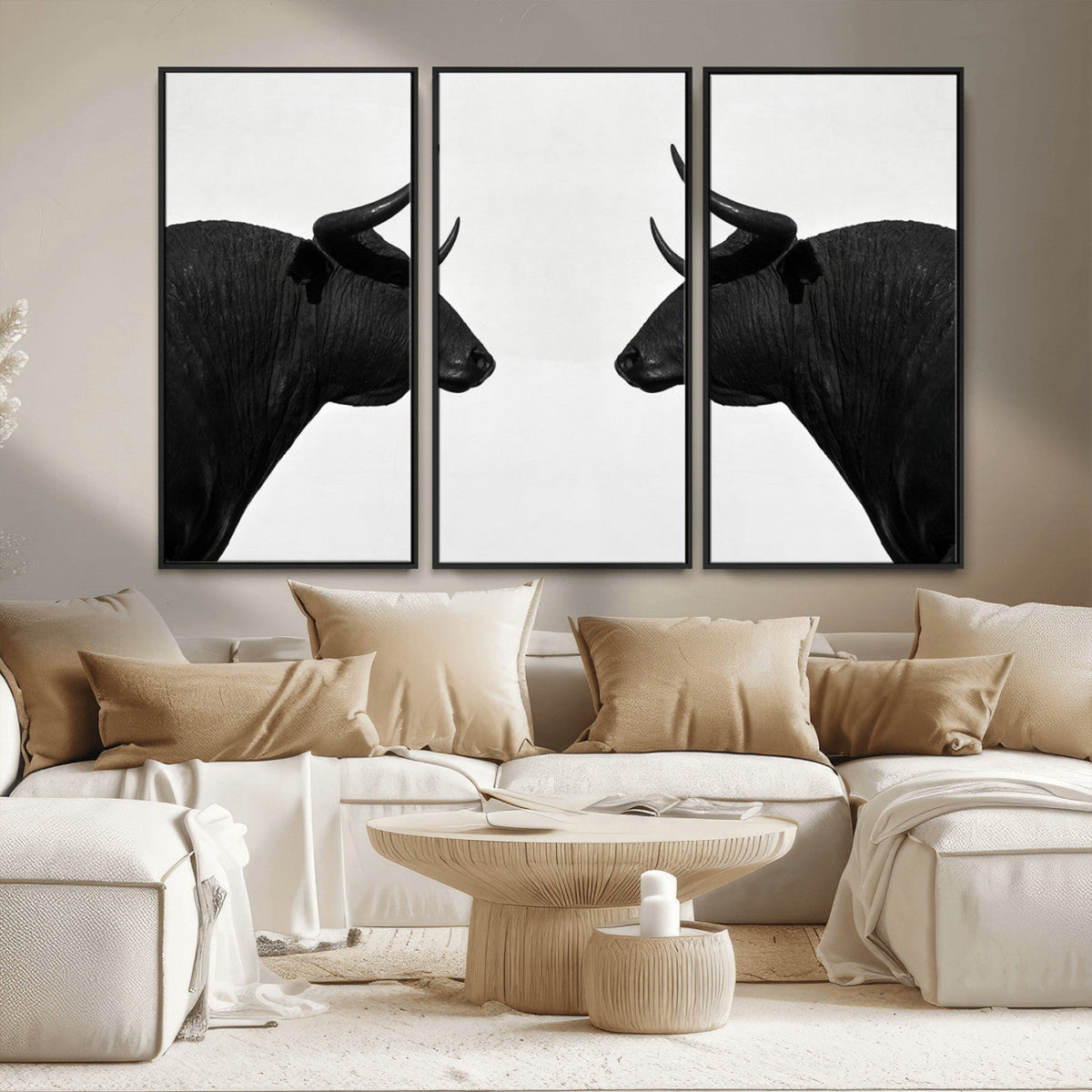 Spanish Bull Art - Framed Black and White Bull Canvas Print