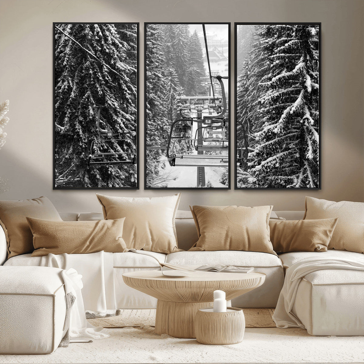 Winter Ski Lift Black and White Canvas Wall Art – Alpine