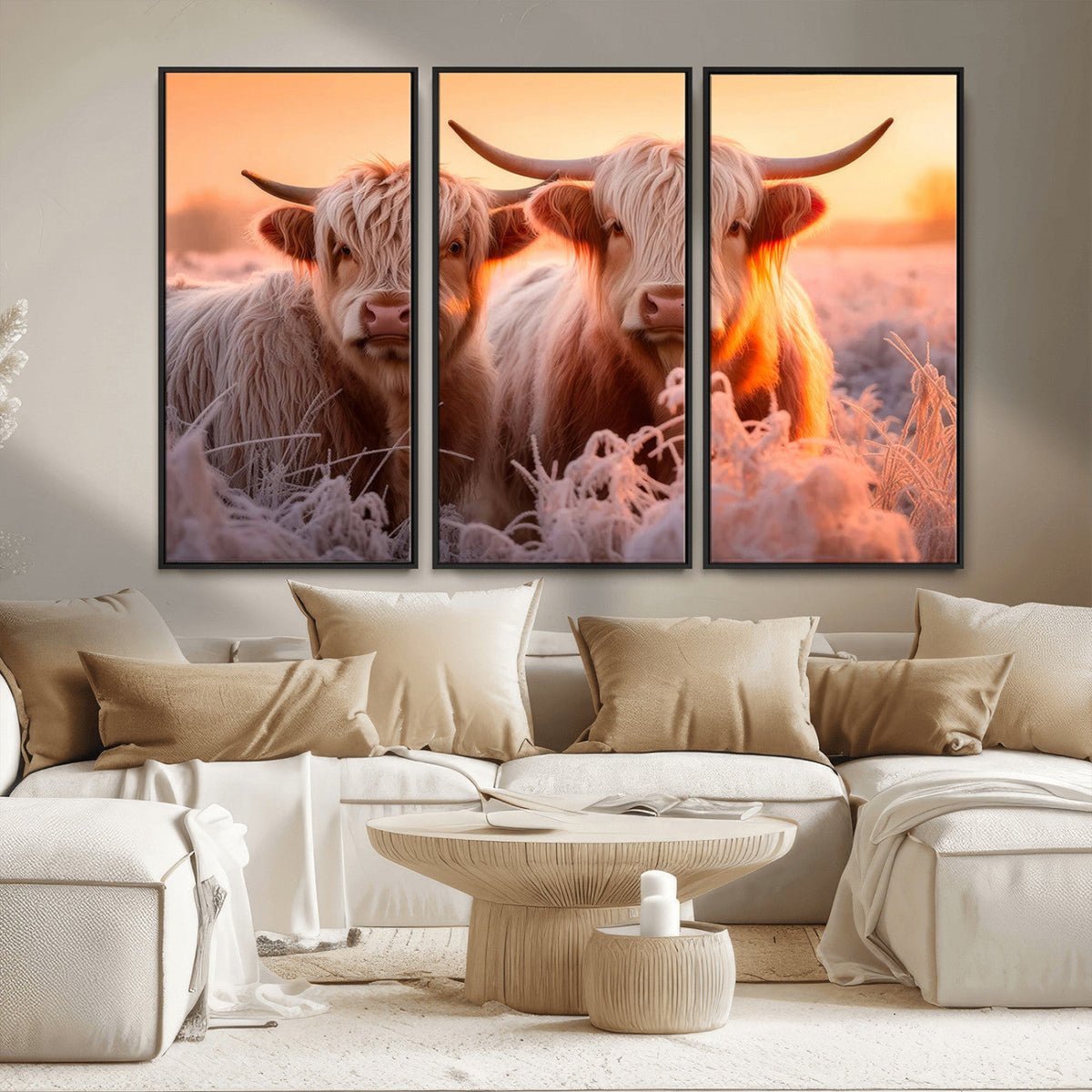 Highland Cows at Sunrise Wall Art Canvas Set – Serene and