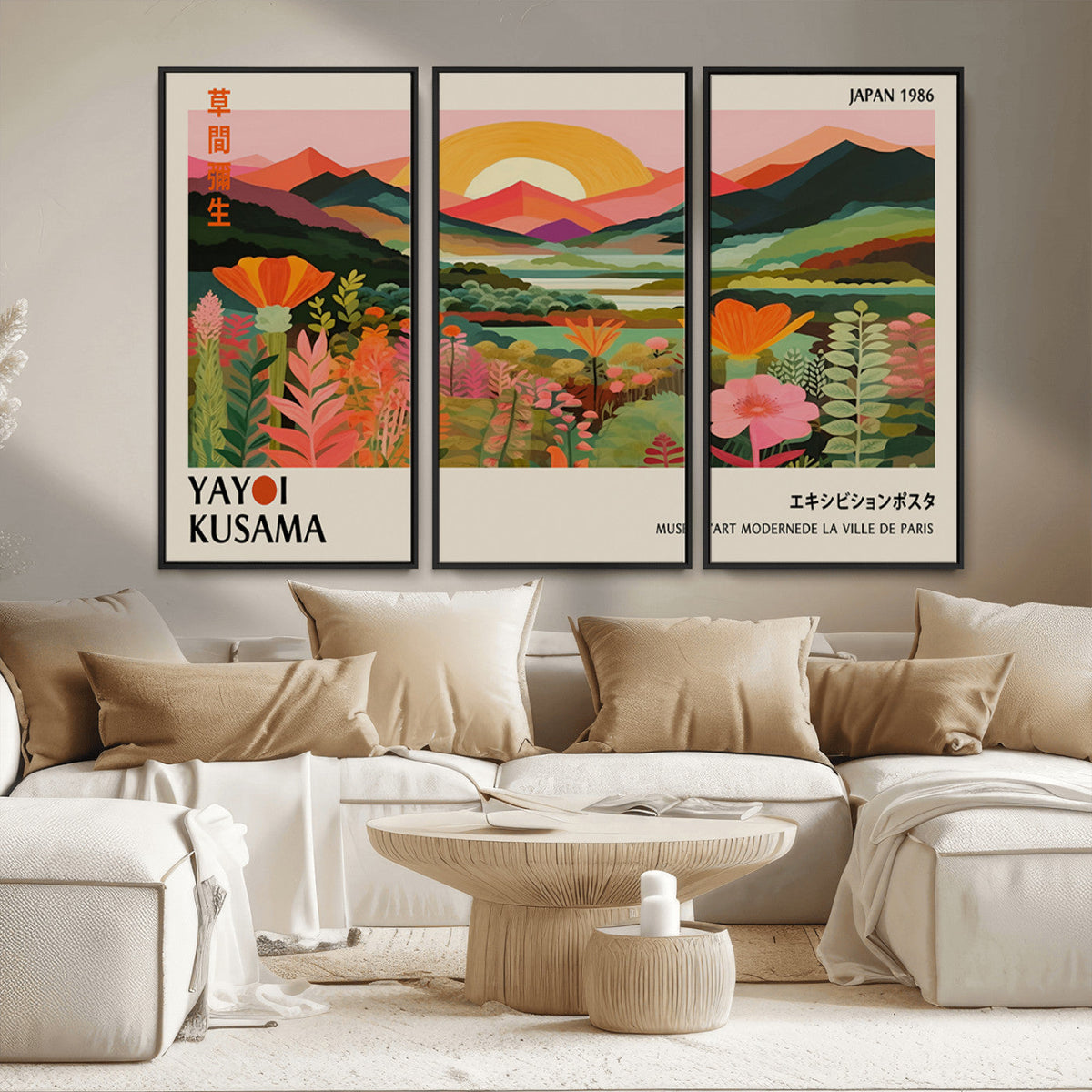 Framed Yayoi Kusama Print, Vibrant Floral Mountain Art