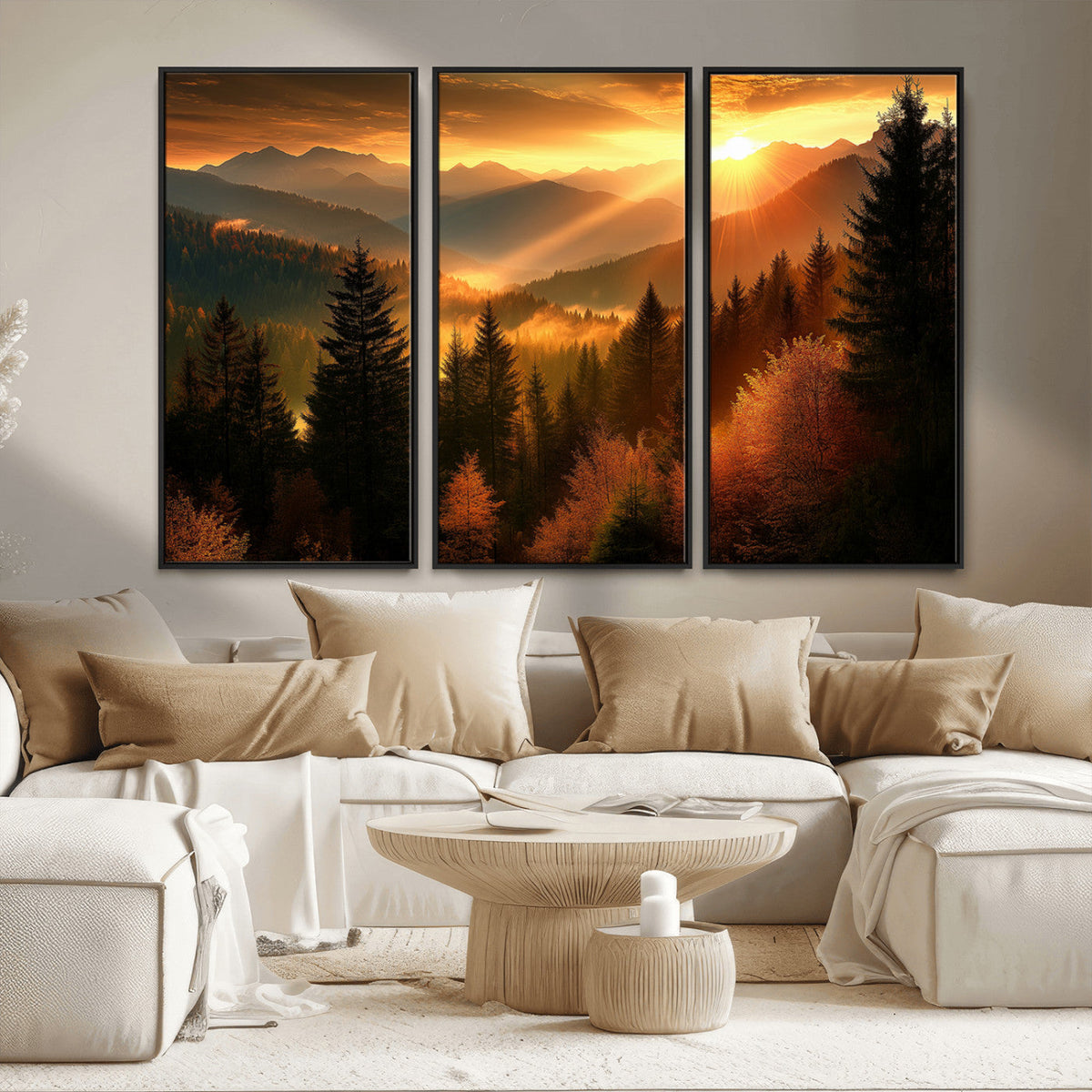 Golden Sunset Over Mountain Forest Canvas Wall Art Print -