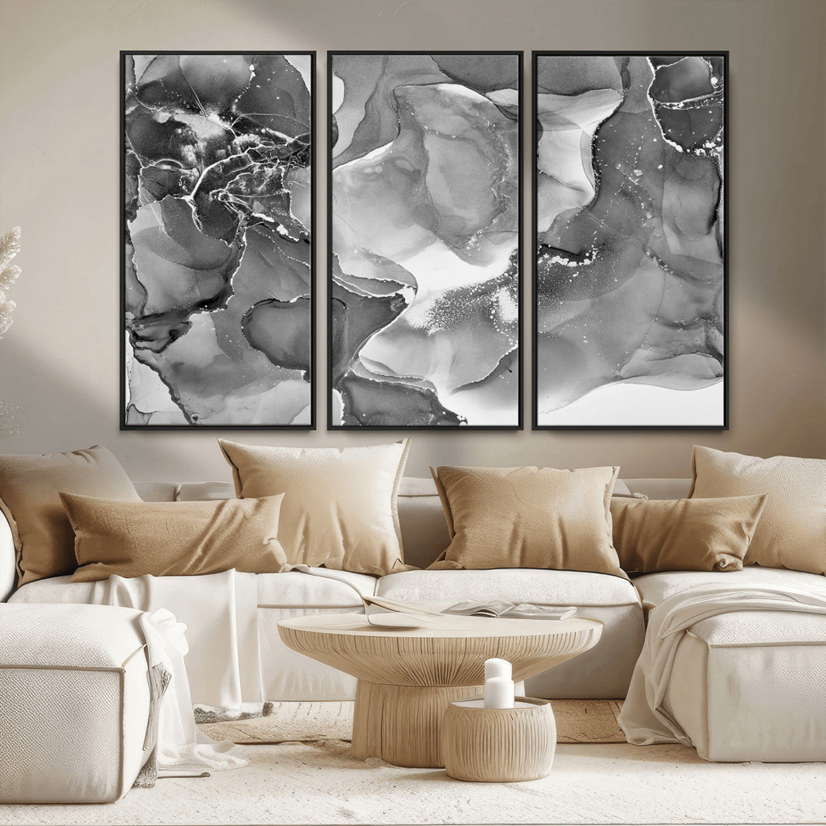 Black White Abstract Canvas Wall Art - Fluid Ink Artwork -