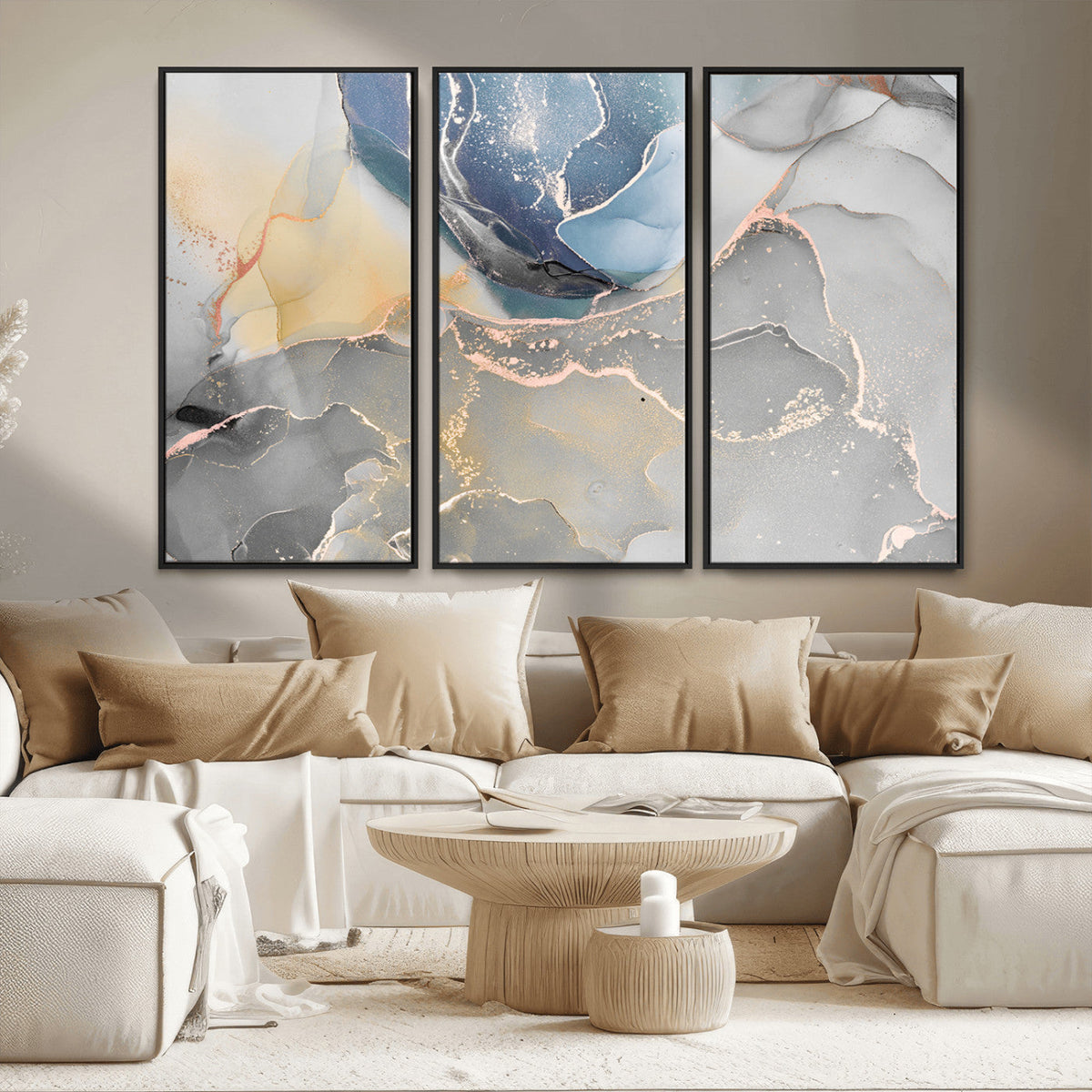Large Abstract Blue and Gold Canvas Wall Art | Fluid Ink