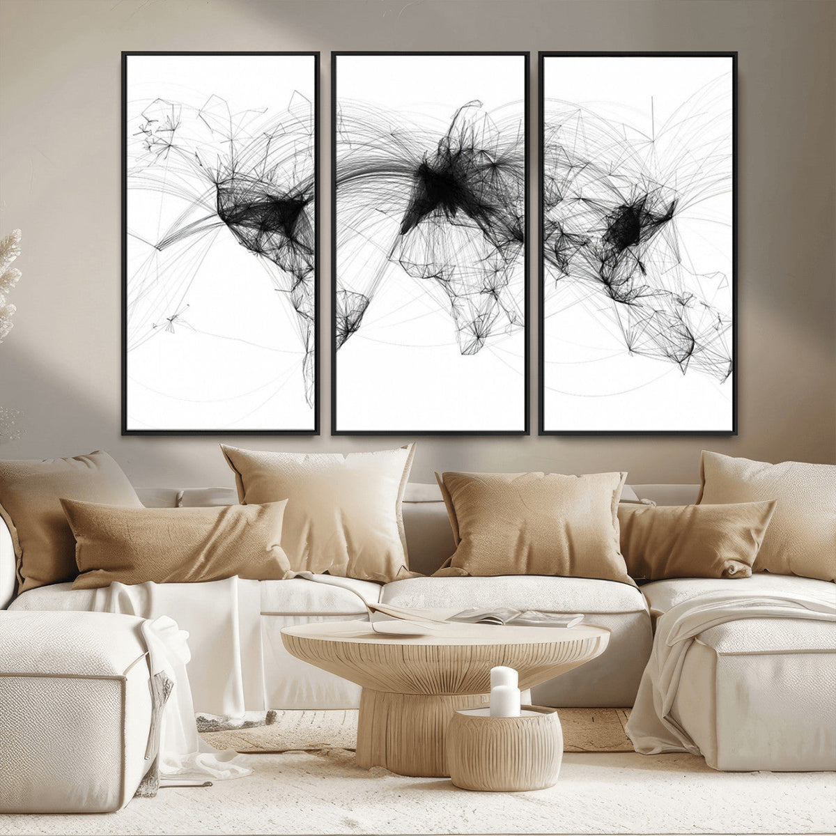 Abstract World Map Wall Art – Framed Geometric Line Canvas