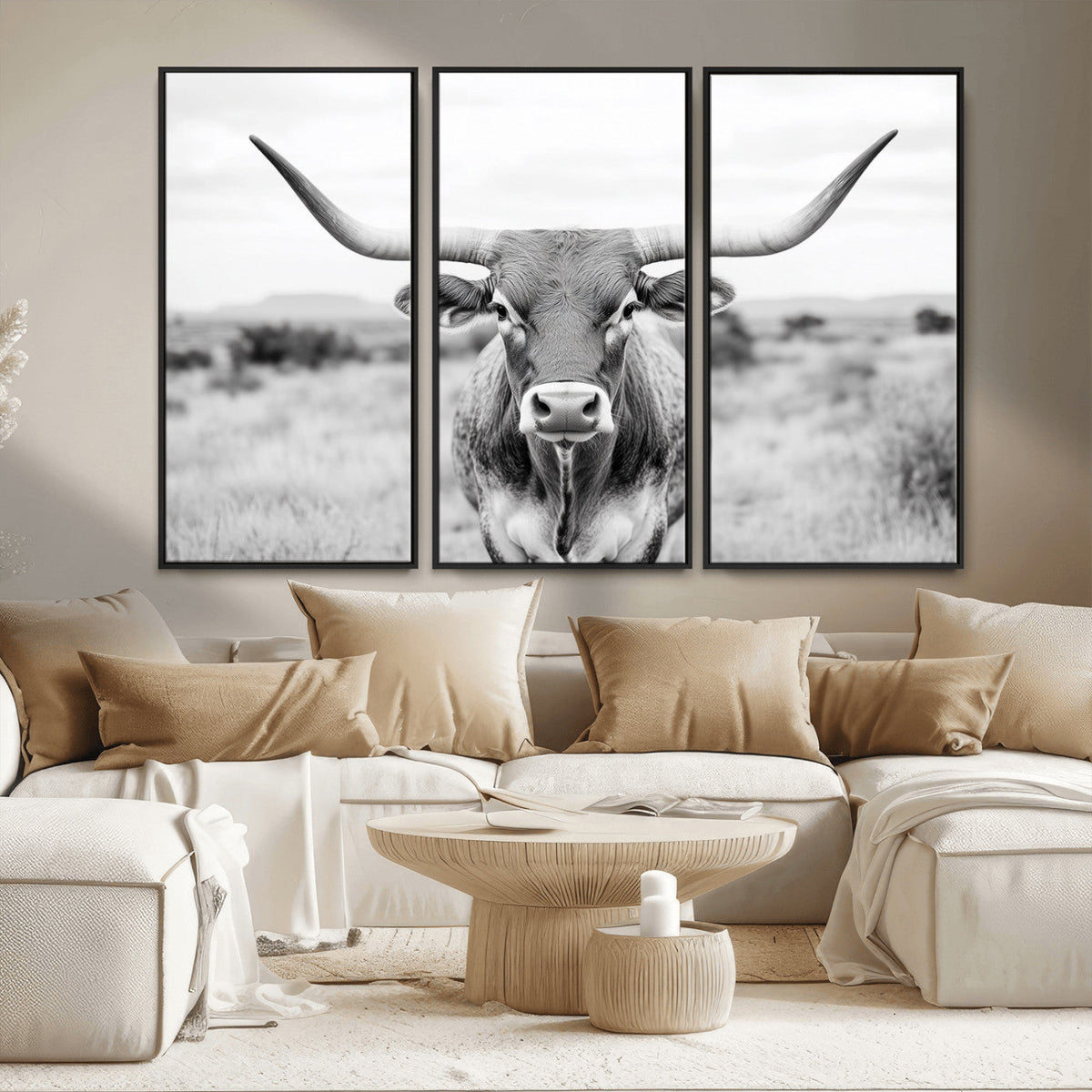 Highland Cow Wall Art Canvas Print – Black and White Western