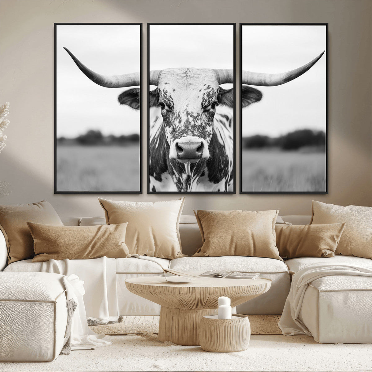 Highland Cow Wall Art Canvas Print – Black and White Western