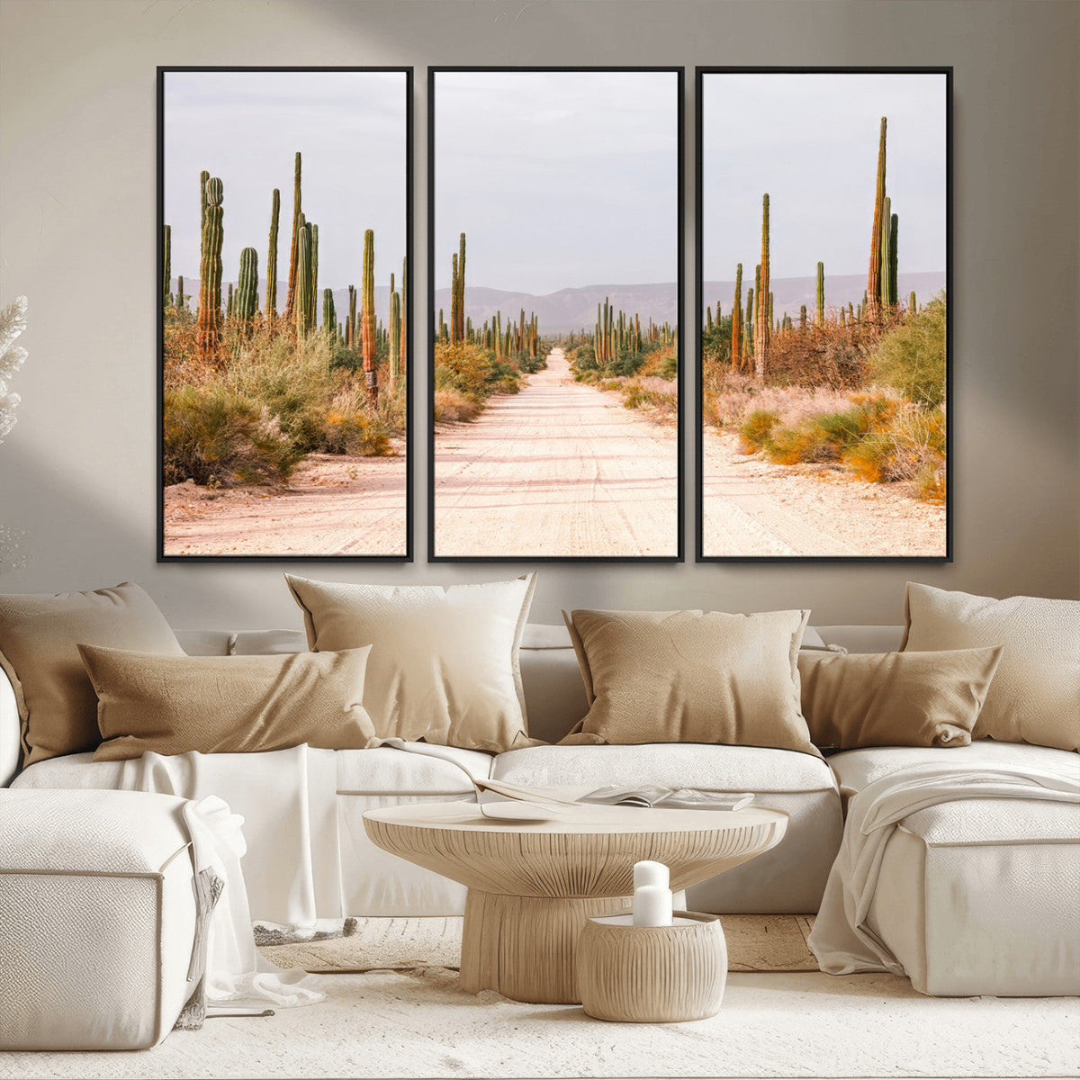 Desert Cactus Lined Road Wall Art Canvas Print – Framed