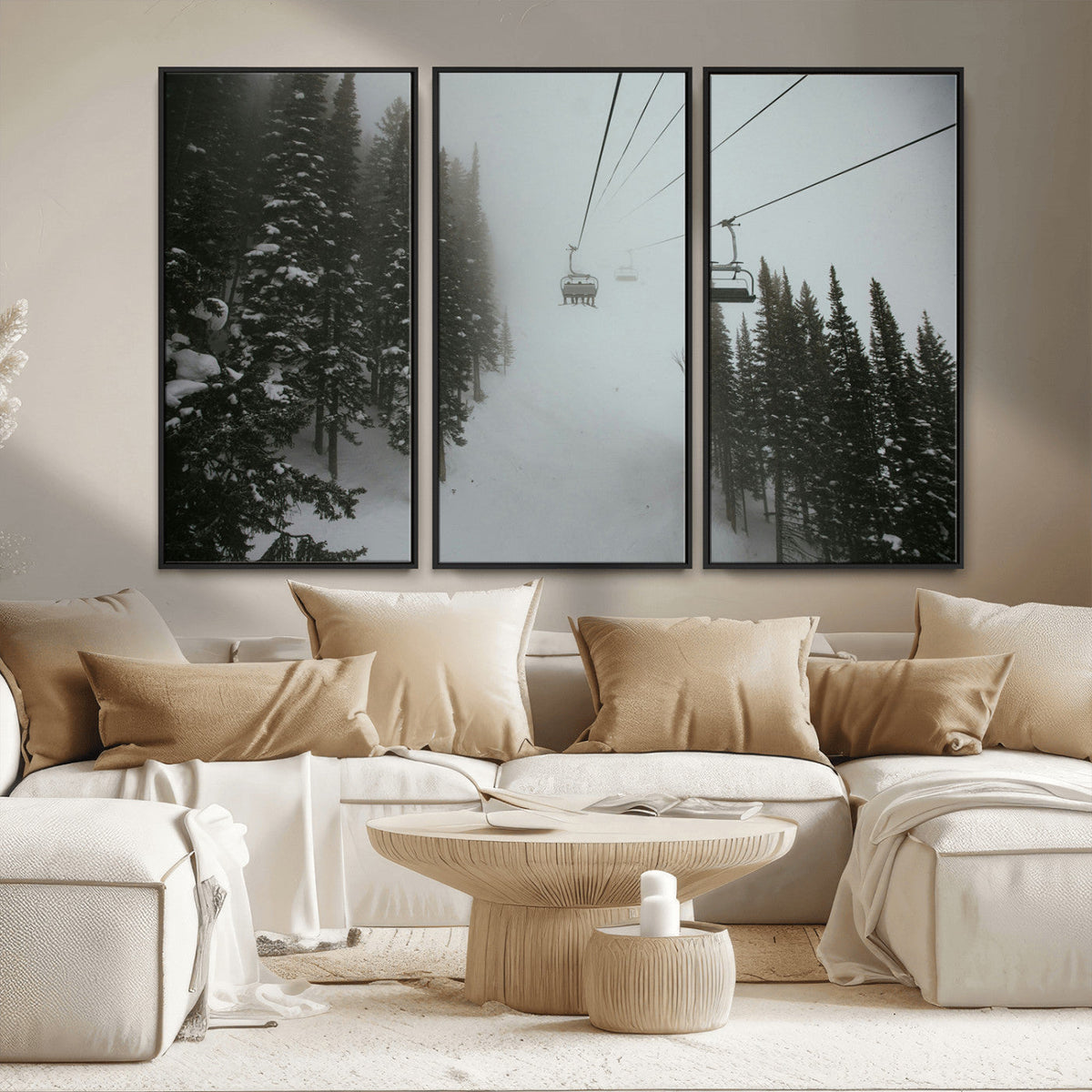 Ski Lift Wall Art Canvas Print – Snowy Pines Misty Landscape