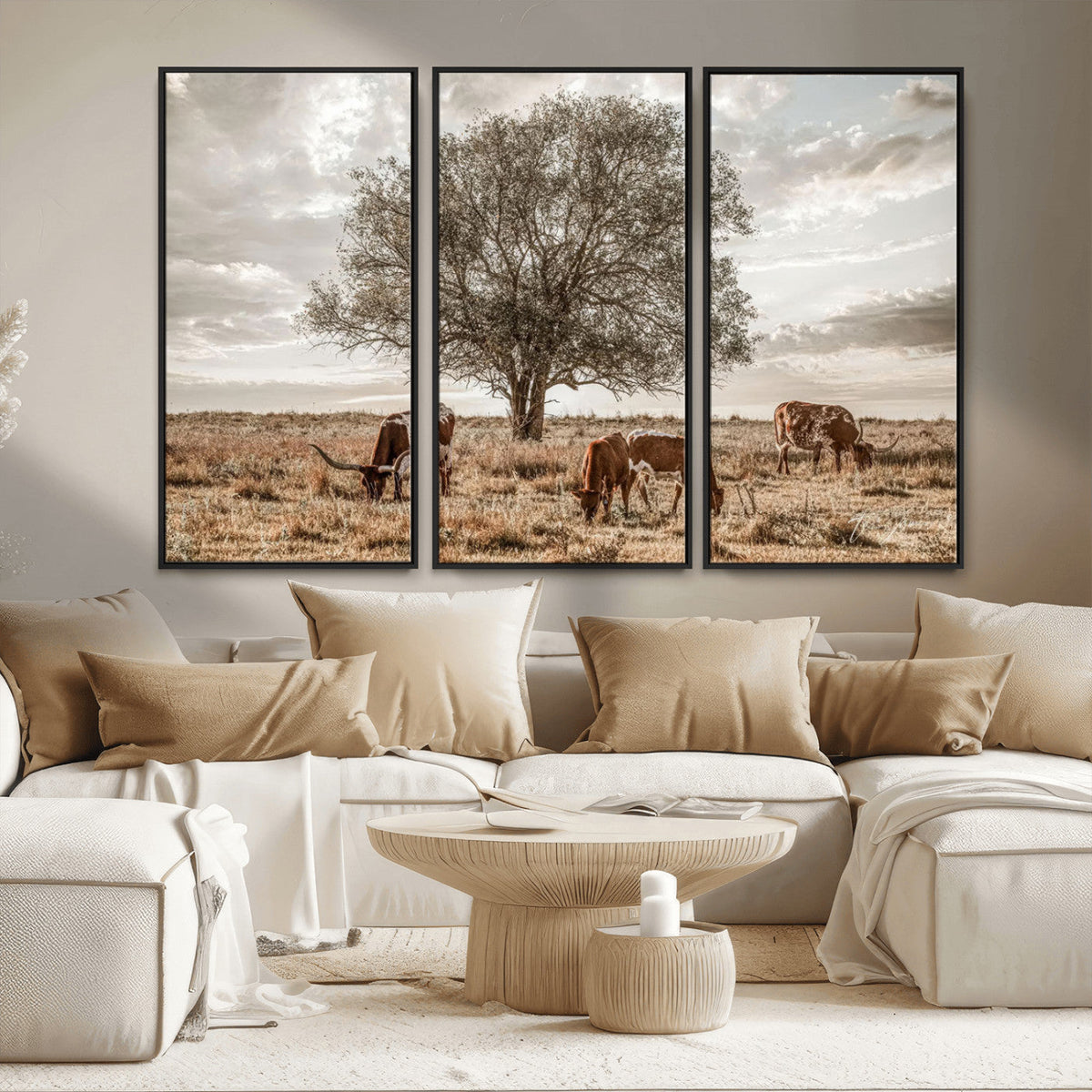 Texas Longhorn Cattle Wall Art, Rustic Western Ranch Canvas