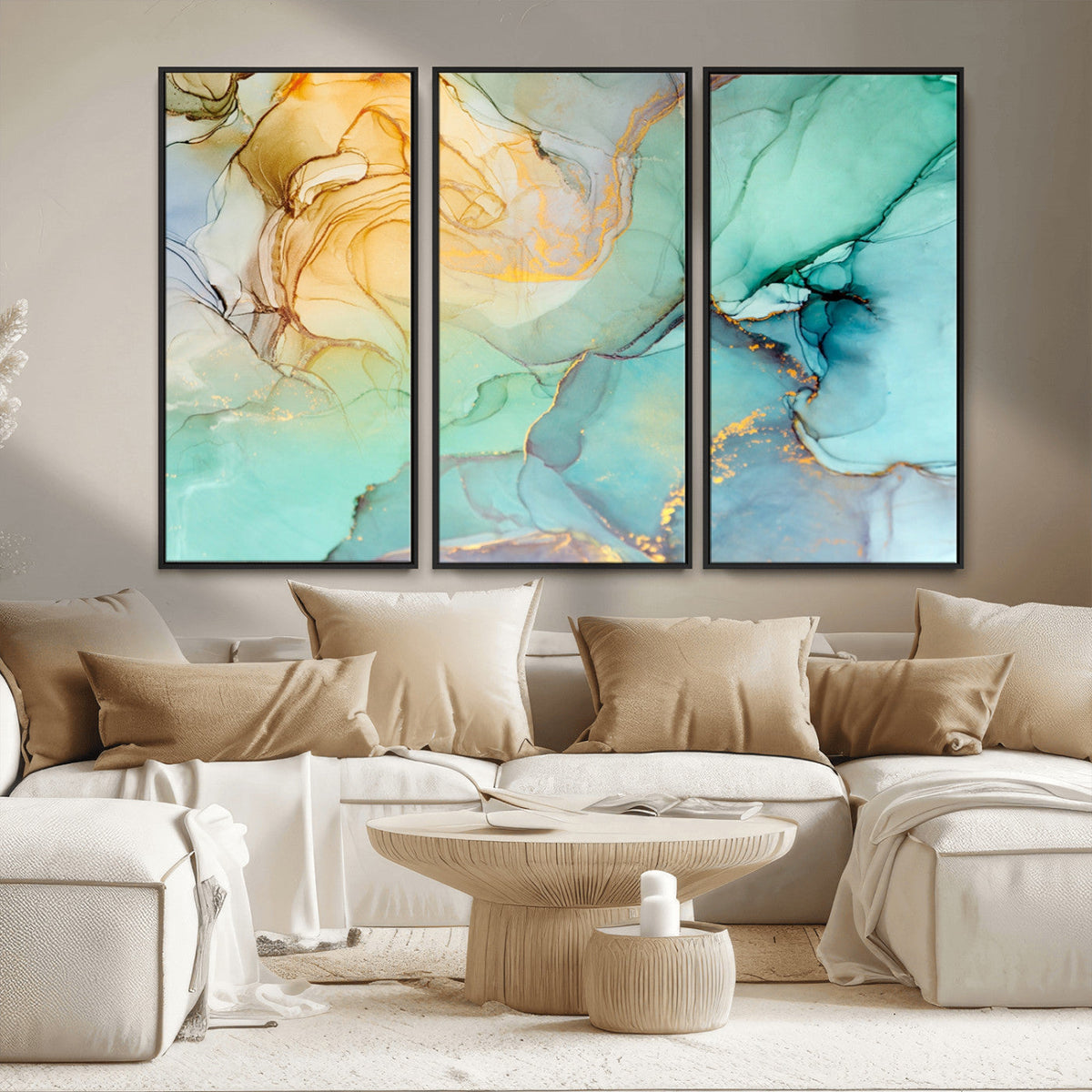 Abstract Aqua and Gold Fluid Wall Art Canvas | 3 Panel Large